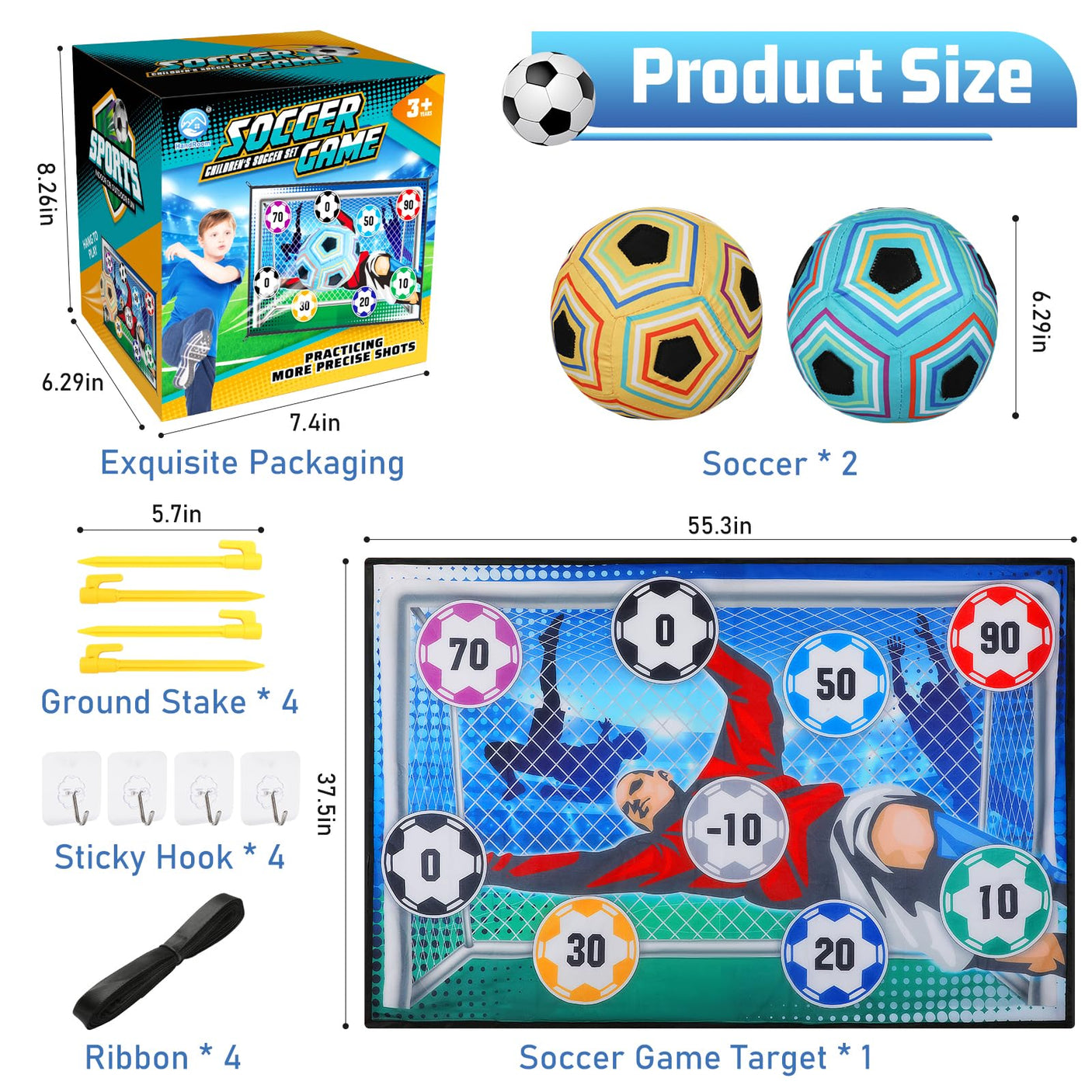 VATOS Toy Soccer Ball Game Set for Boys and Girls, Indoor Outdoor Backyard Toss Soccer Goal Game with 2 Balls, 1 Flannel Target, Soccer Toys for 3-5 6-8 8-12 Years Old Kids Birthday