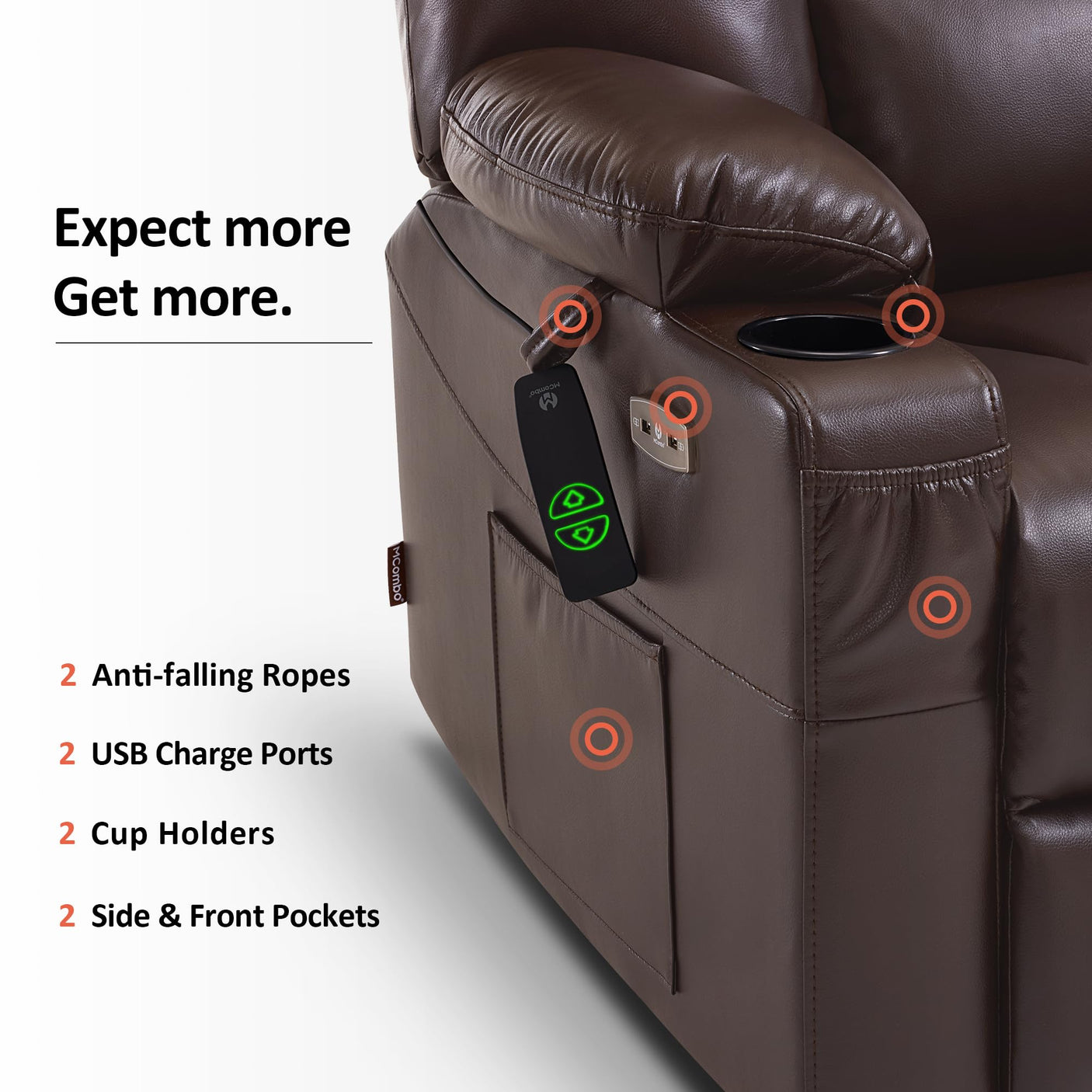MCombo Power Lift Recliner Chair for Elderly, Lift Chair with Heat and Massage, USB Ports, Cup Holders, Faux Leather 7519 (Medium, Dark Brown)