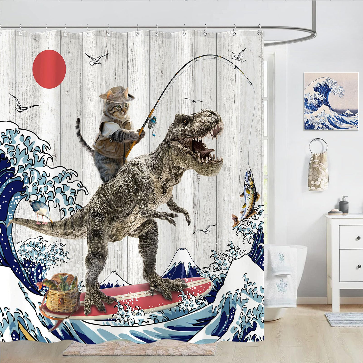 Fowocu Funny Cat Shower Curtain Set Teal Blue Sea Ocean Waterproof Fabric Shower Curtains with Animal Octopus Starfish Turtle Anchor Fish Nautical Bathroom Decor (Blue, 72''×72'')