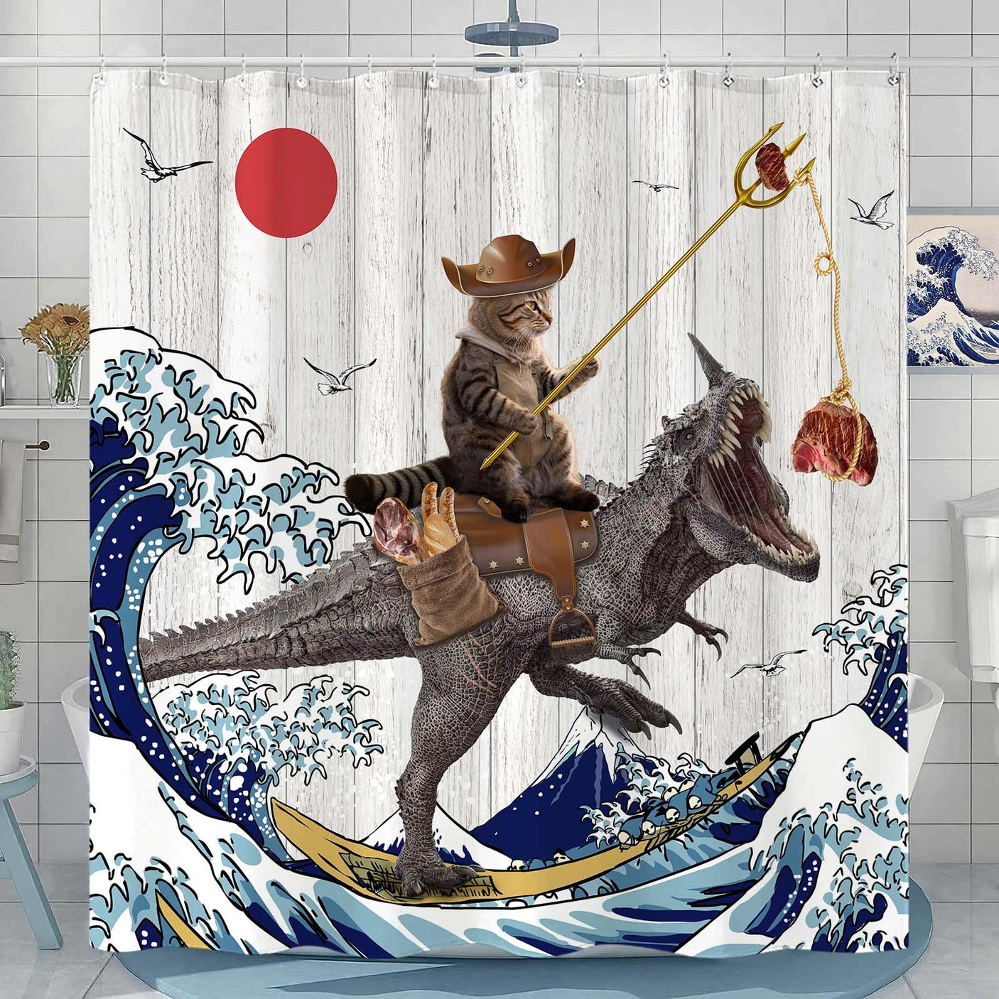 Fowocu Funny Cat Shower Curtain Set Teal Blue Sea Ocean Waterproof Fabric Shower Curtains with Animal Octopus Starfish Turtle Anchor Fish Nautical Bathroom Decor (Blue, 72''×72'')