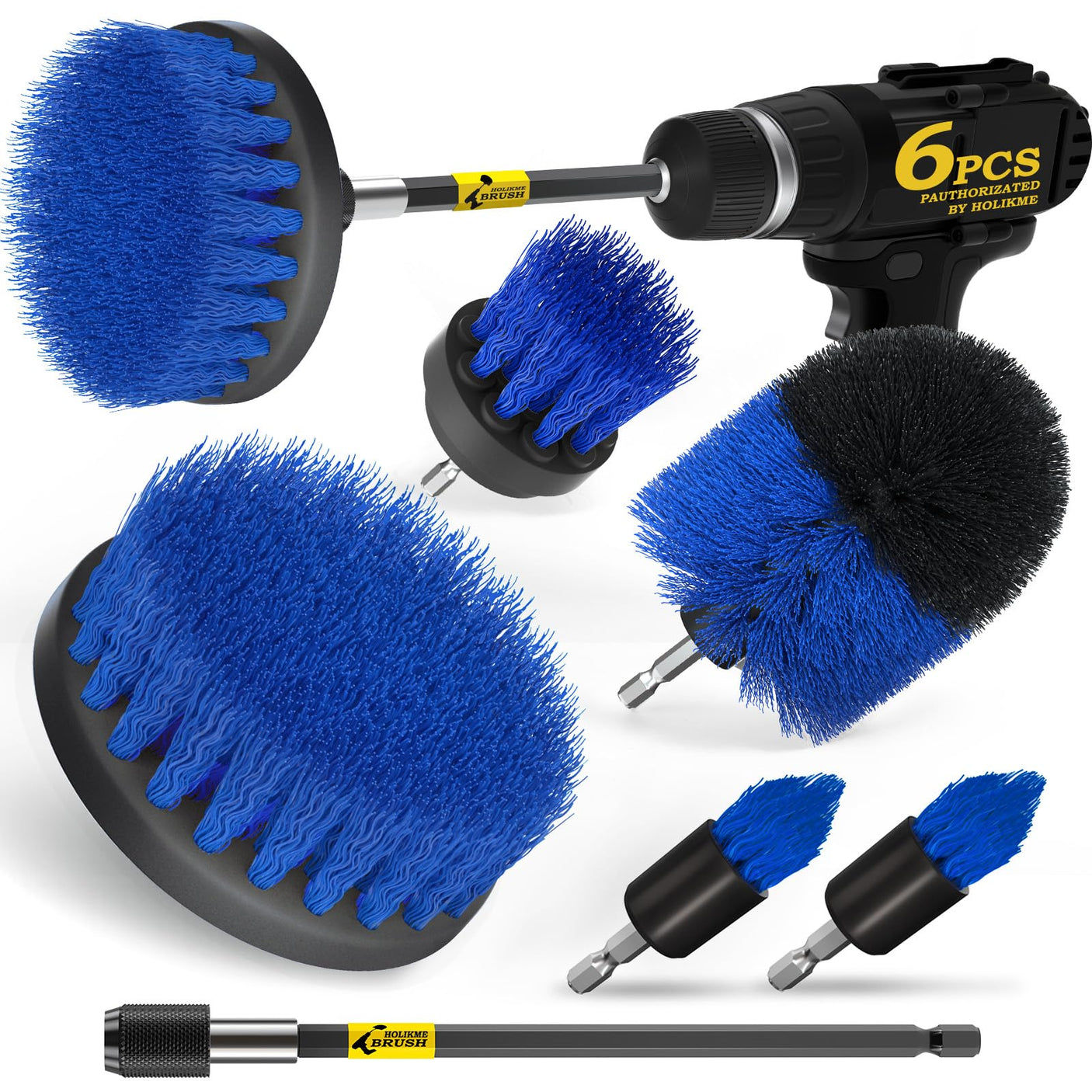 Holikme 6Pack Drill Brush Power Scrubber Cleaning Brush Extended Long Attachment Set All Purpose Drill Scrub Brushes Kit for Grout, Floor, Tub, Bathroom and Kitchen Surface,Scratch Brushes(Yellow)
