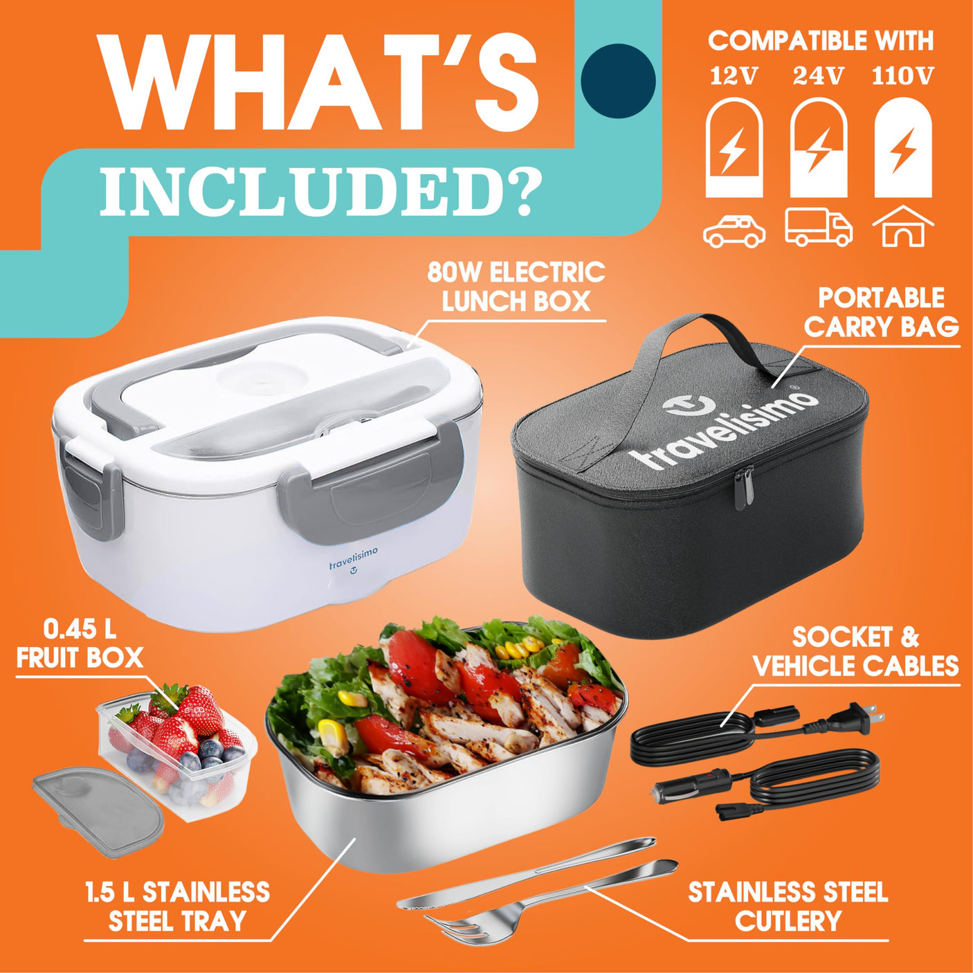 TRAVELISIMO Electric Lunch Box for Adults 80W Heated Lunch Box For Men 1.5L Stainless Steel Portable Food Warmer, 12/24/110V Electric Food Warmers for Travel & Work, Loncheras Para Hombres de Trabajo