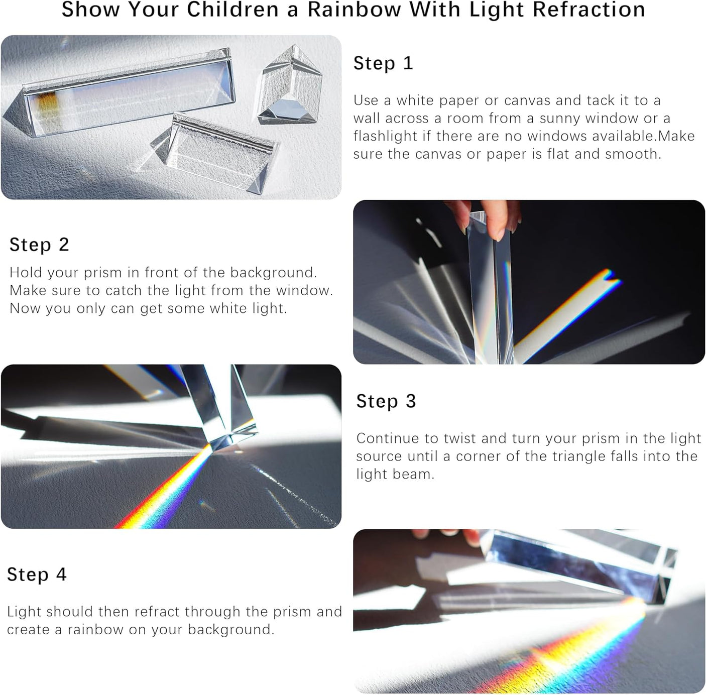 3pc Equilateral CrystalPrisms Set -1",2" & 4" Lengths Crystal Triangular Prism Optical Prisms Glass Physics Teaching Refracted Light Spectrum Rainbow Maker Photography Props