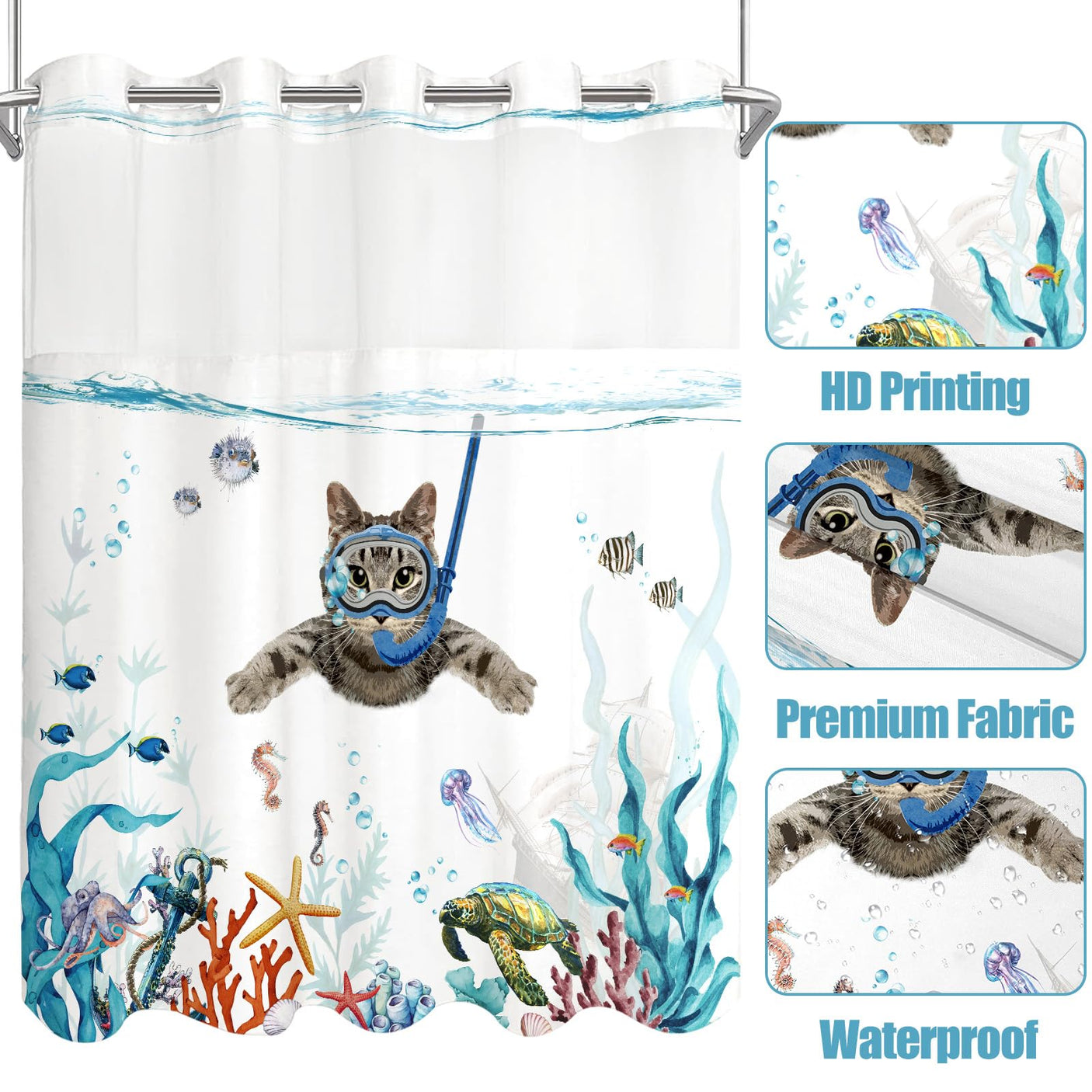 Fowocu Funny Cat Shower Curtain Set Teal Blue Sea Ocean Waterproof Fabric Shower Curtains with Animal Octopus Starfish Turtle Anchor Fish Nautical Bathroom Decor (Blue, 72''×72'')