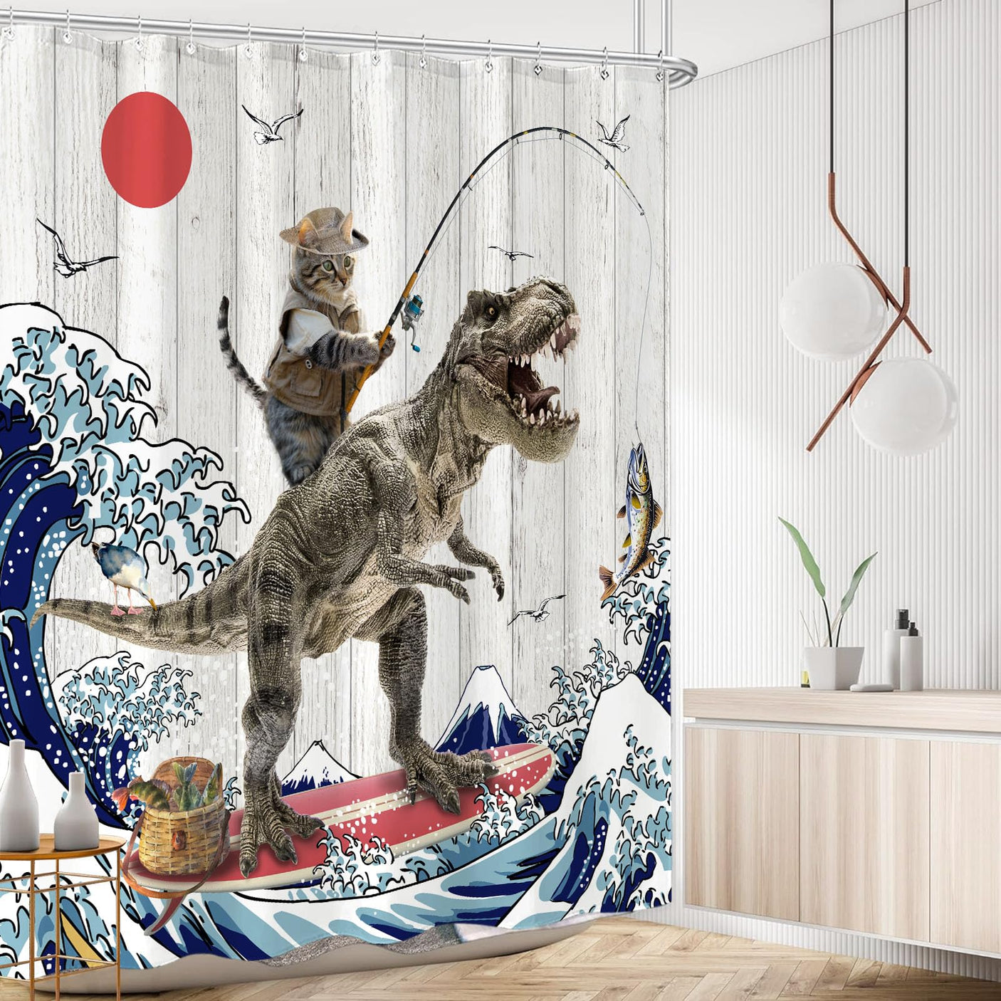 Fowocu Funny Cat Shower Curtain Set Teal Blue Sea Ocean Waterproof Fabric Shower Curtains with Animal Octopus Starfish Turtle Anchor Fish Nautical Bathroom Decor (Blue, 72''×72'')