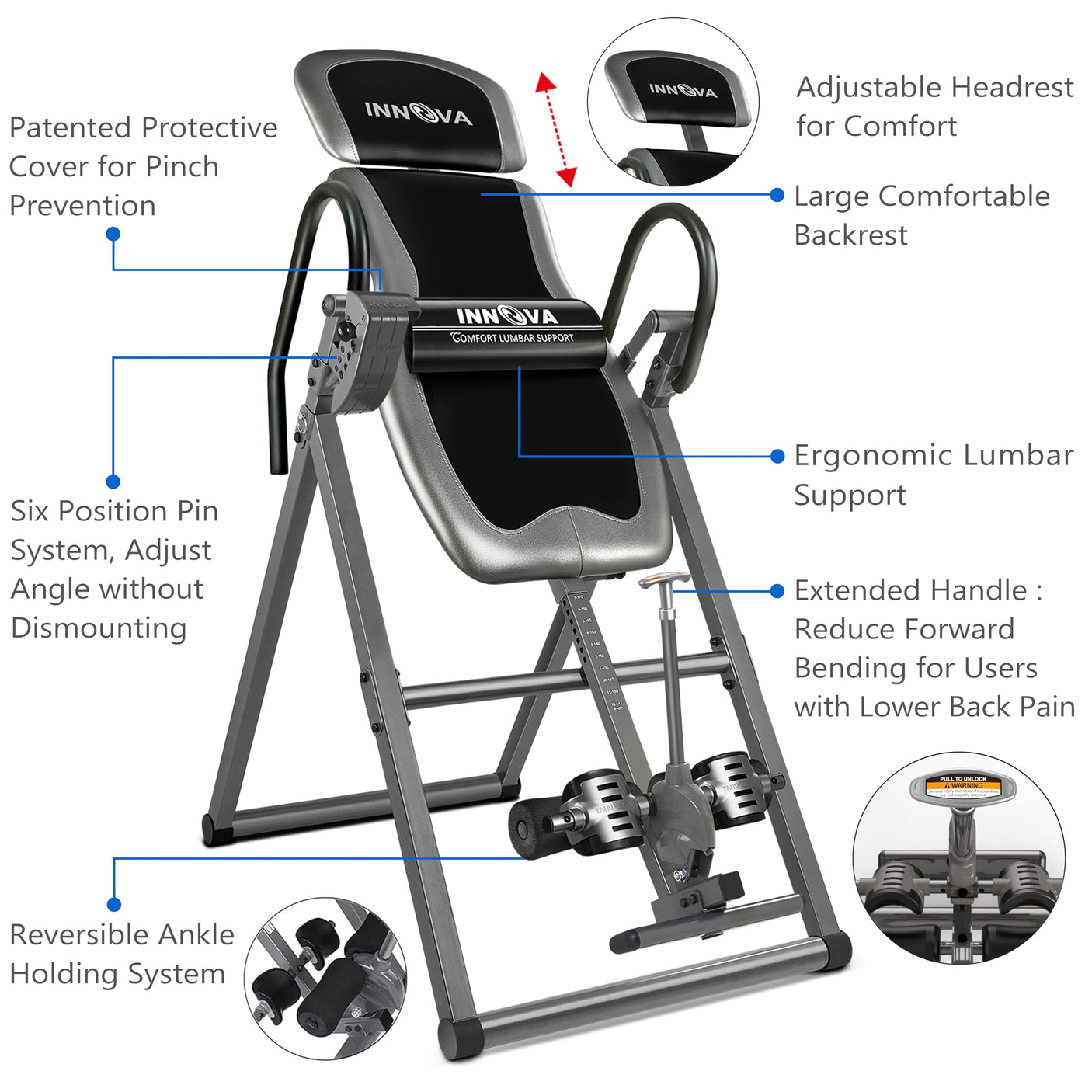 Innova Inversion Table with Adjustable Headrest, Reversible Ankle Holders, and 300 lb Weight Capacity