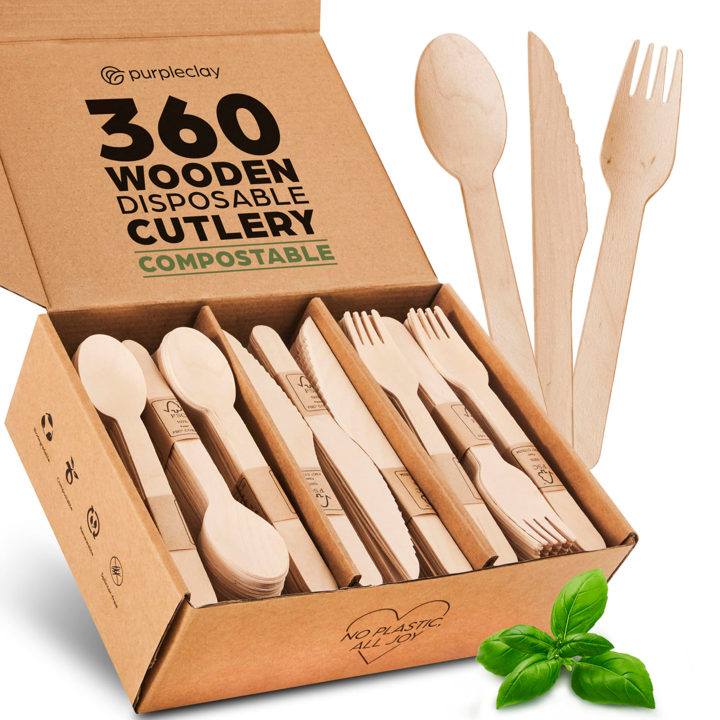 Wooden Compostable Utensils Set - 360 Pieces (120 Forks 120 Spoons 120 Knives) Sturdy Wood Disposable Cutlery - Eco-Friendly Biodegradable Utensils for Party - Free From Plastic Cutlery Set for Eating