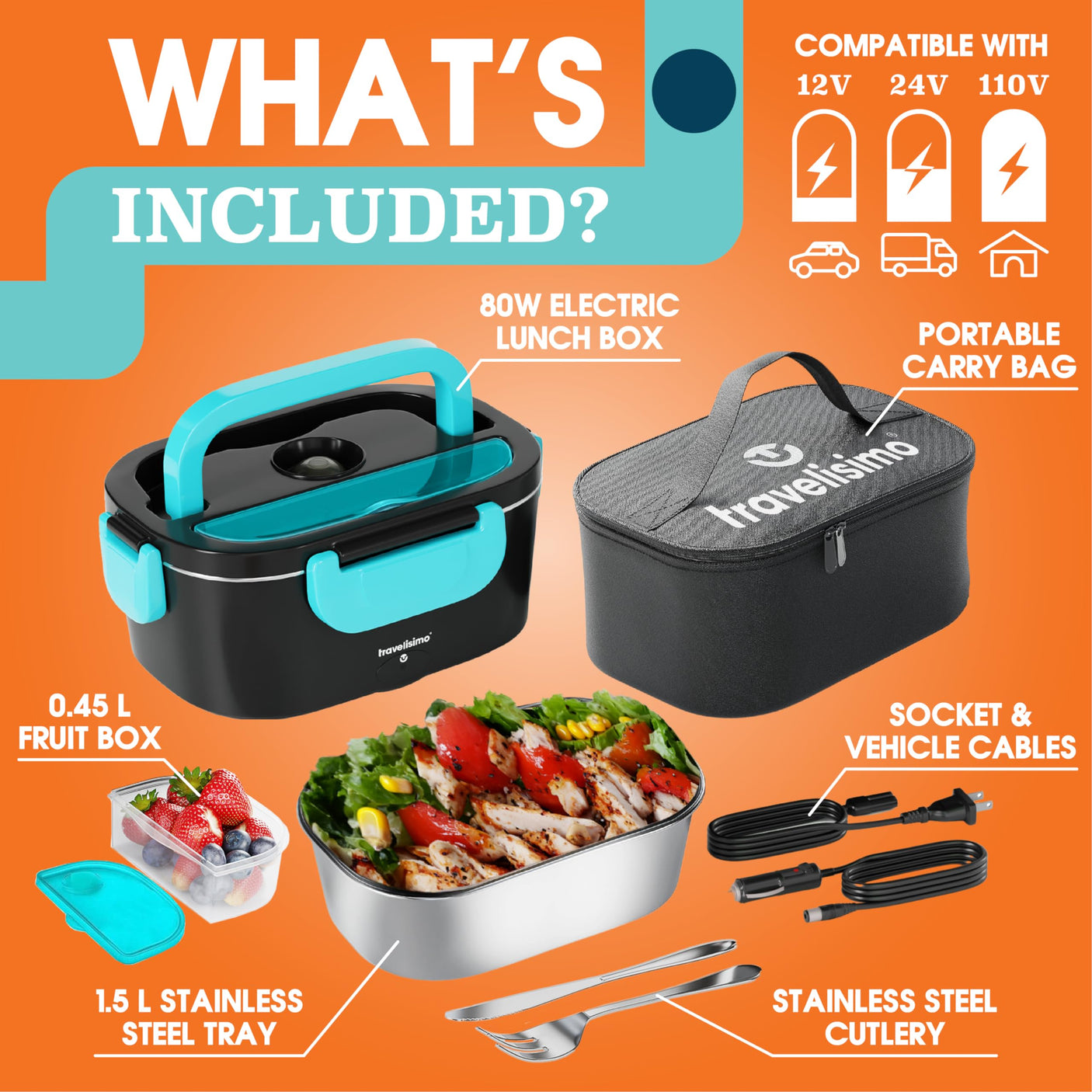 TRAVELISIMO Electric Lunch Box for Adults 80W Heated Lunch Box For Men 1.5L Stainless Steel Portable Food Warmer, 12/24/110V Electric Food Warmers for Travel & Work, Loncheras Para Hombres de Trabajo