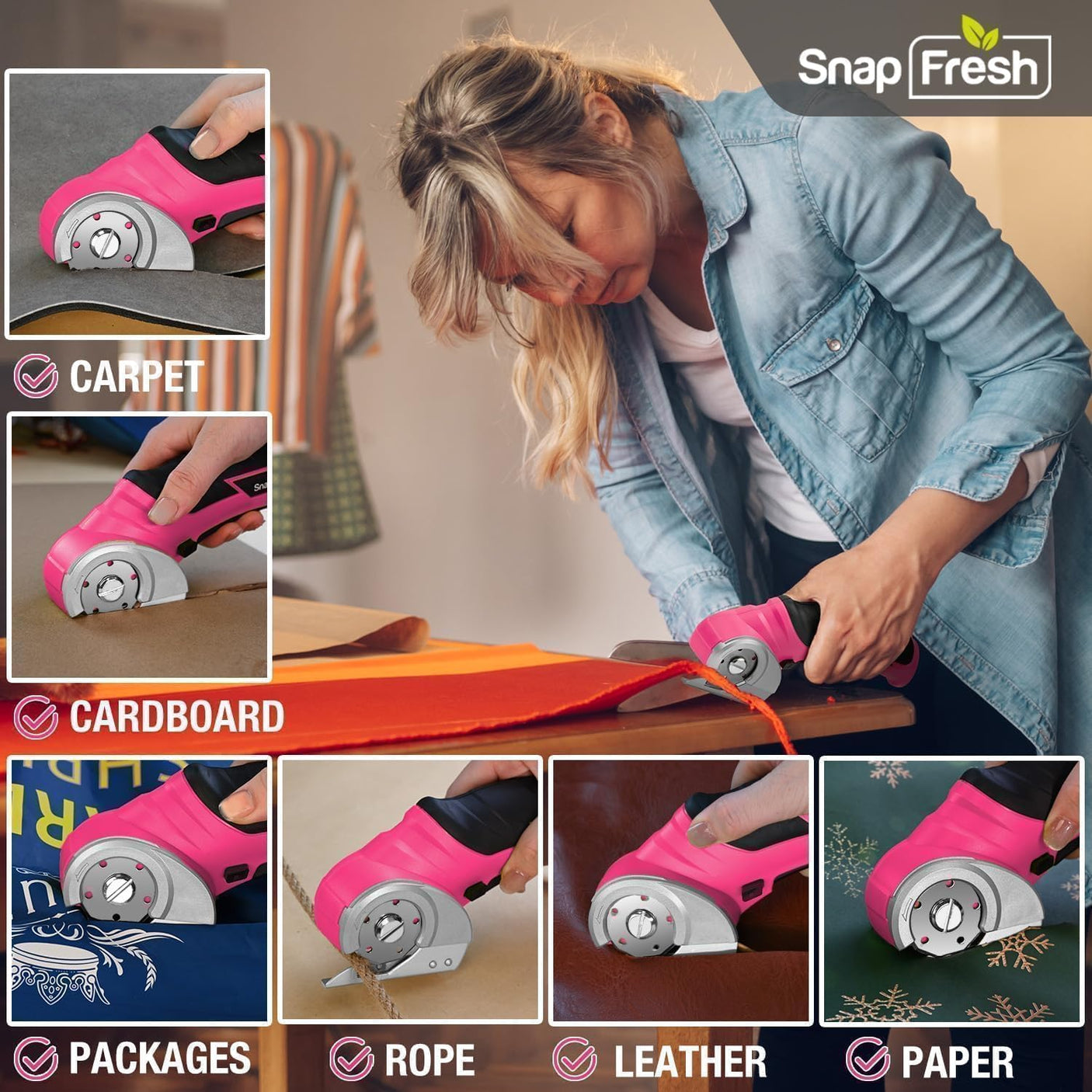 SnapFresh Cordless Electric Scissors, 4V Electric Mini Box Cutter, Carpet & Cardboard Cutter Tool with a Replacement Blade/Charger, Rotary Cutter for Cardboard Packages Leather Plastic (Green)