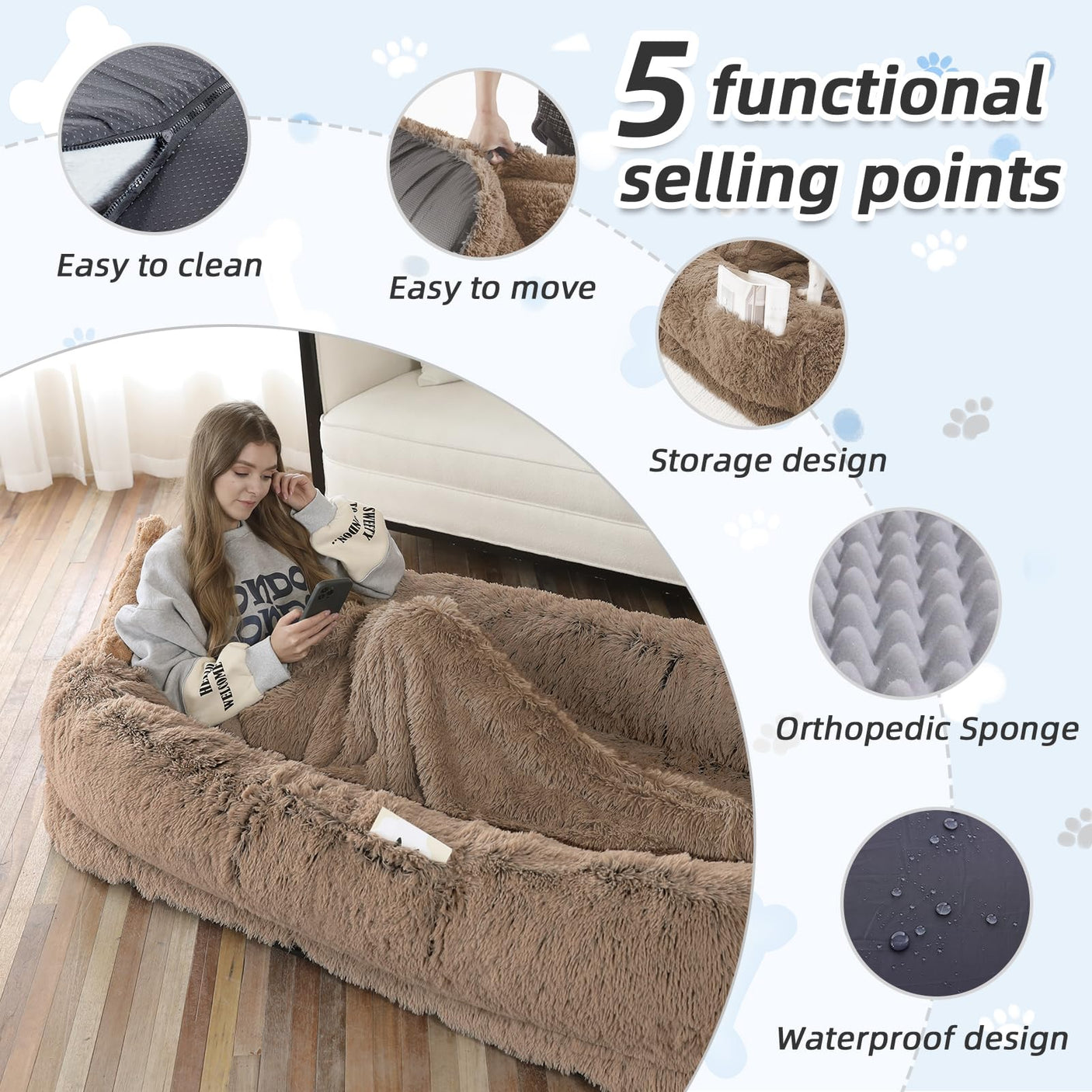Human Dog Bed, Large Dog Beds for Humans Size Fits You and Pets, Washable Faux Fur Orthopedic Human Pet Bed for People Doze Off, Napping, Present Pillow, Blanket, Strap - Khaki