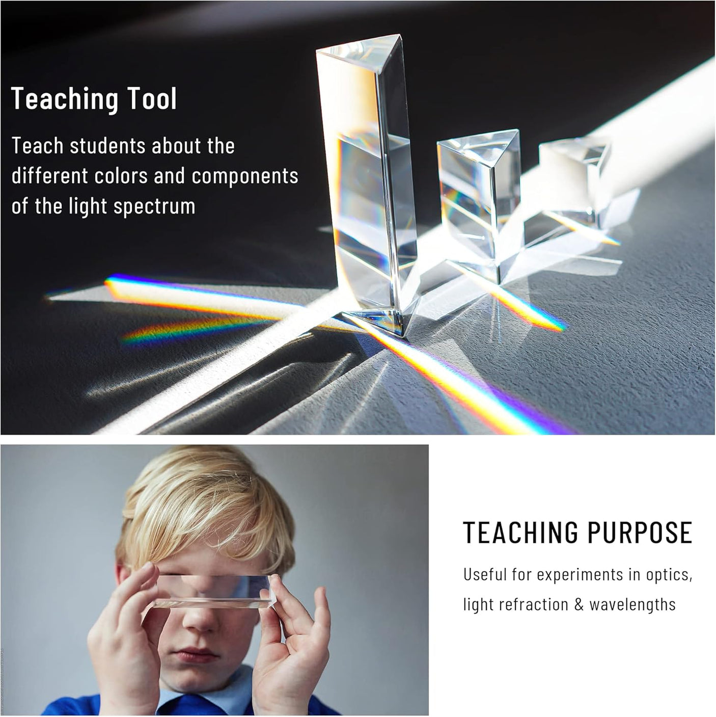 3pc Equilateral CrystalPrisms Set -1",2" & 4" Lengths Crystal Triangular Prism Optical Prisms Glass Physics Teaching Refracted Light Spectrum Rainbow Maker Photography Props