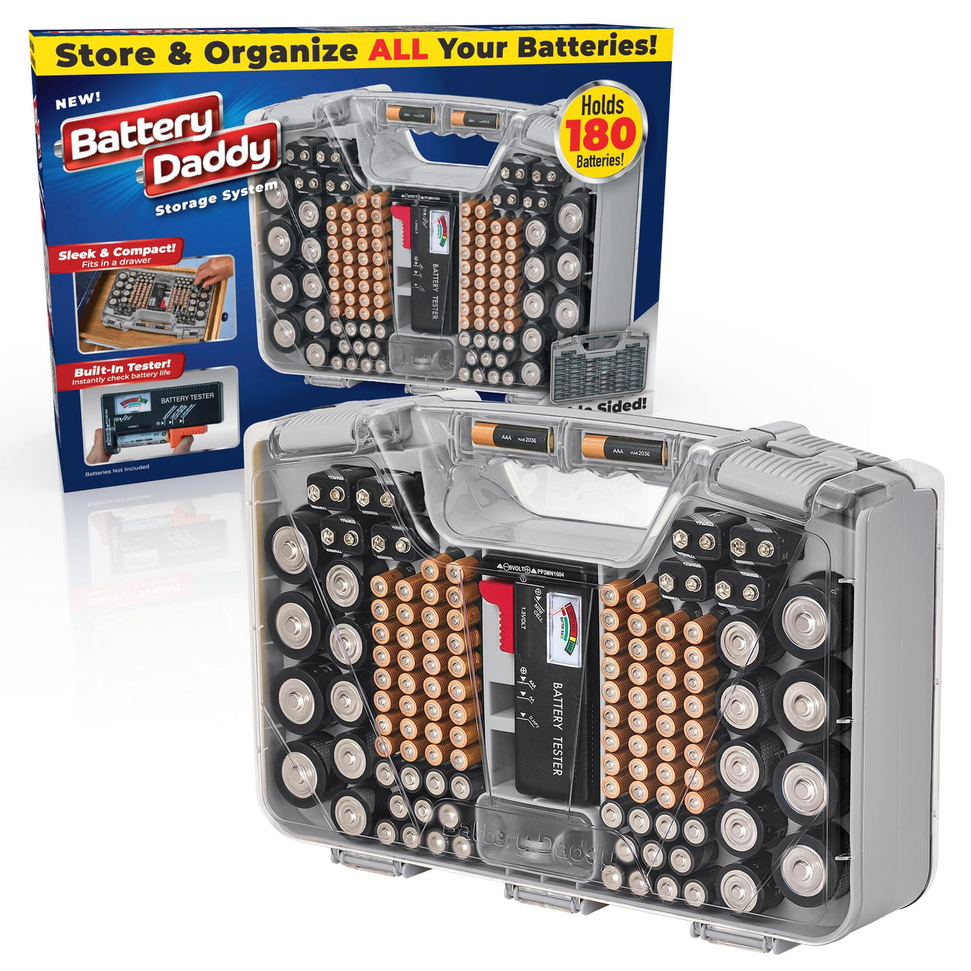 Ontel Battery Daddy Storage & Organizer Case with Tester, Stores & Protects Up to 180 Batteries, Double-Sided, Durable Design W/Clear Locking Lid, Secure Latches & Portable Carrying Handle- Warm Grey