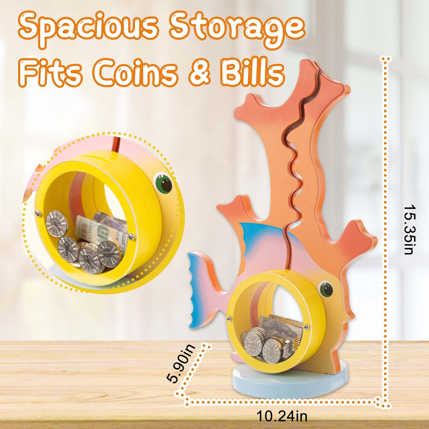 Wooden Dinosaur Piggy Bank Boalord for Boys Kids Girls Clear Big Belly Animal Coin Bank for Toddler Real Money Toy(Dino-Blue)