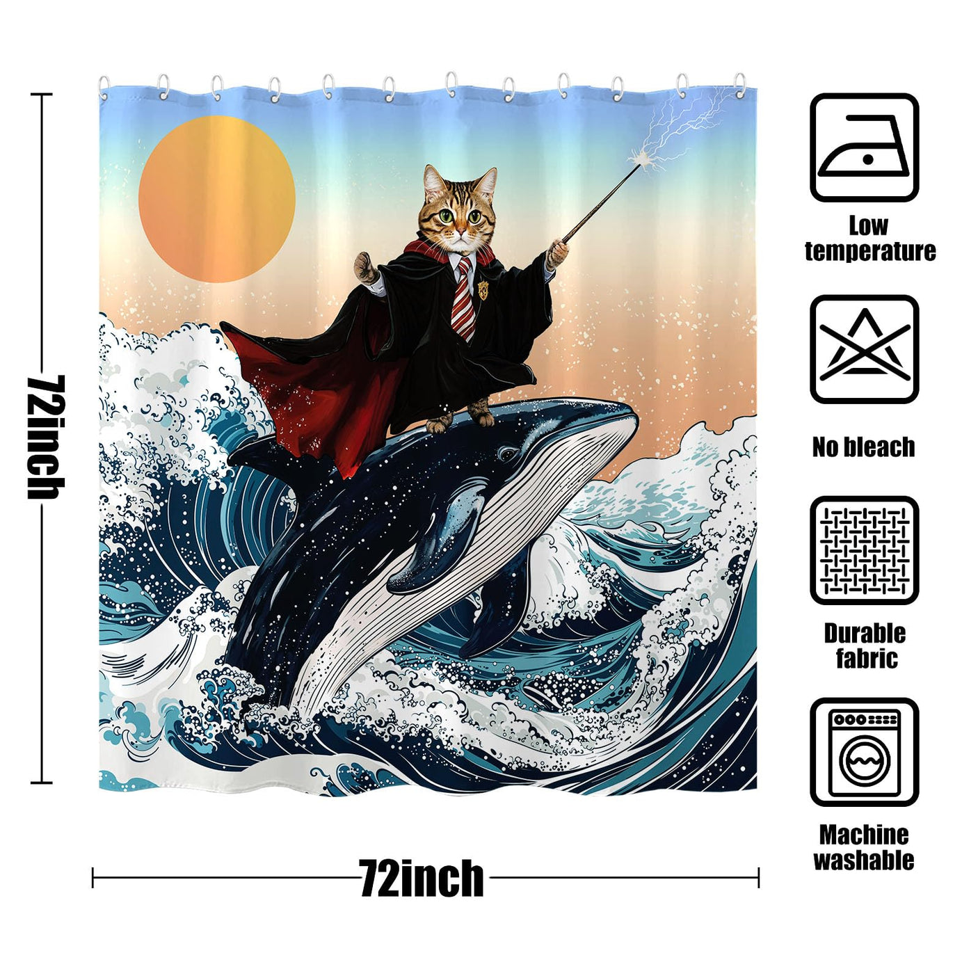 Fowocu Funny Cat Shower Curtain Set Teal Blue Sea Ocean Waterproof Fabric Shower Curtains with Animal Octopus Starfish Turtle Anchor Fish Nautical Bathroom Decor (Blue, 72''×72'')