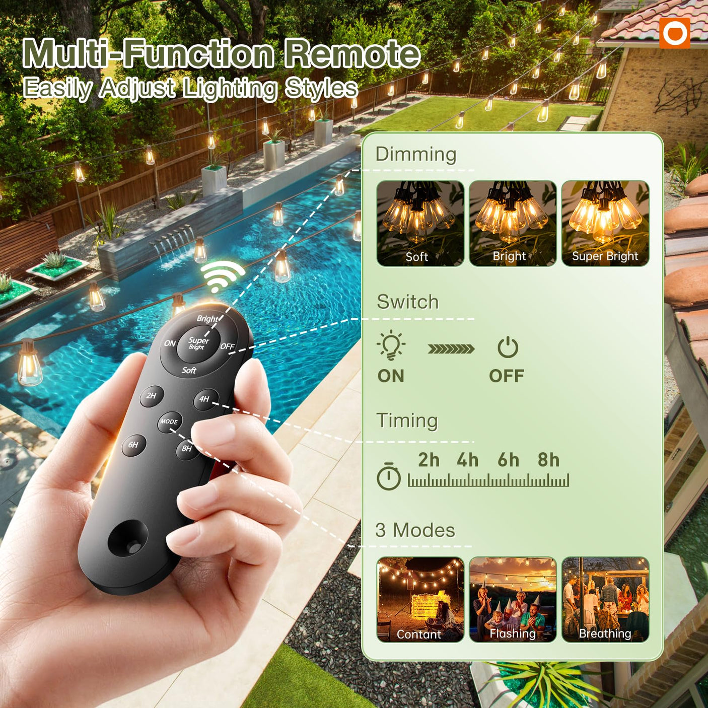 addlon 54(48+6) FT Solar String Lights Waterproof,Patio Lights Solar Powered with Remote & USB Port 15+1 LED Shatterproof Bulbs 3 Light Modes, Dimmable Solar Light for Camping Backyard Garden