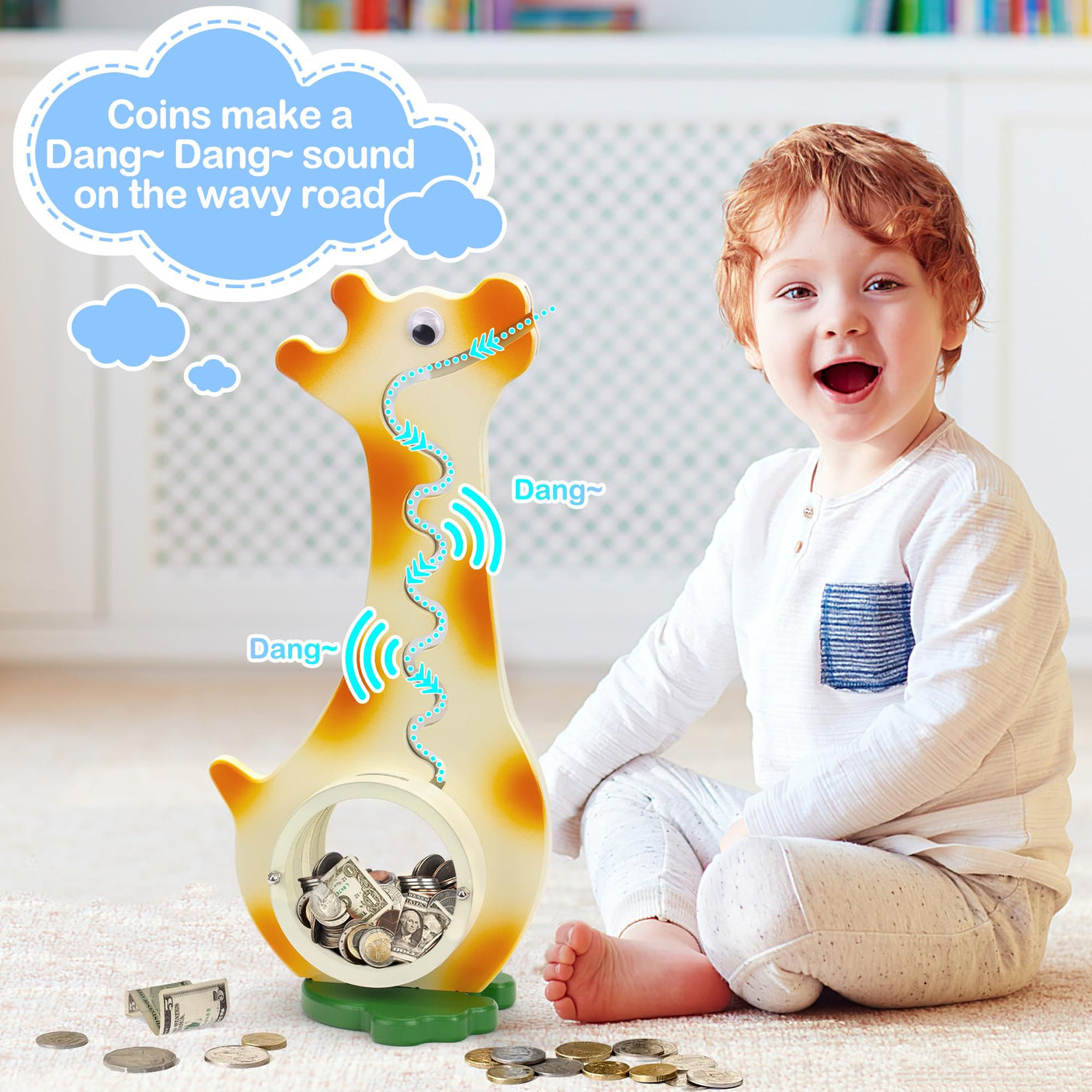 Wooden Dinosaur Piggy Bank Boalord for Boys Kids Girls Clear Big Belly Animal Coin Bank for Toddler Real Money Toy(Dino-Blue)