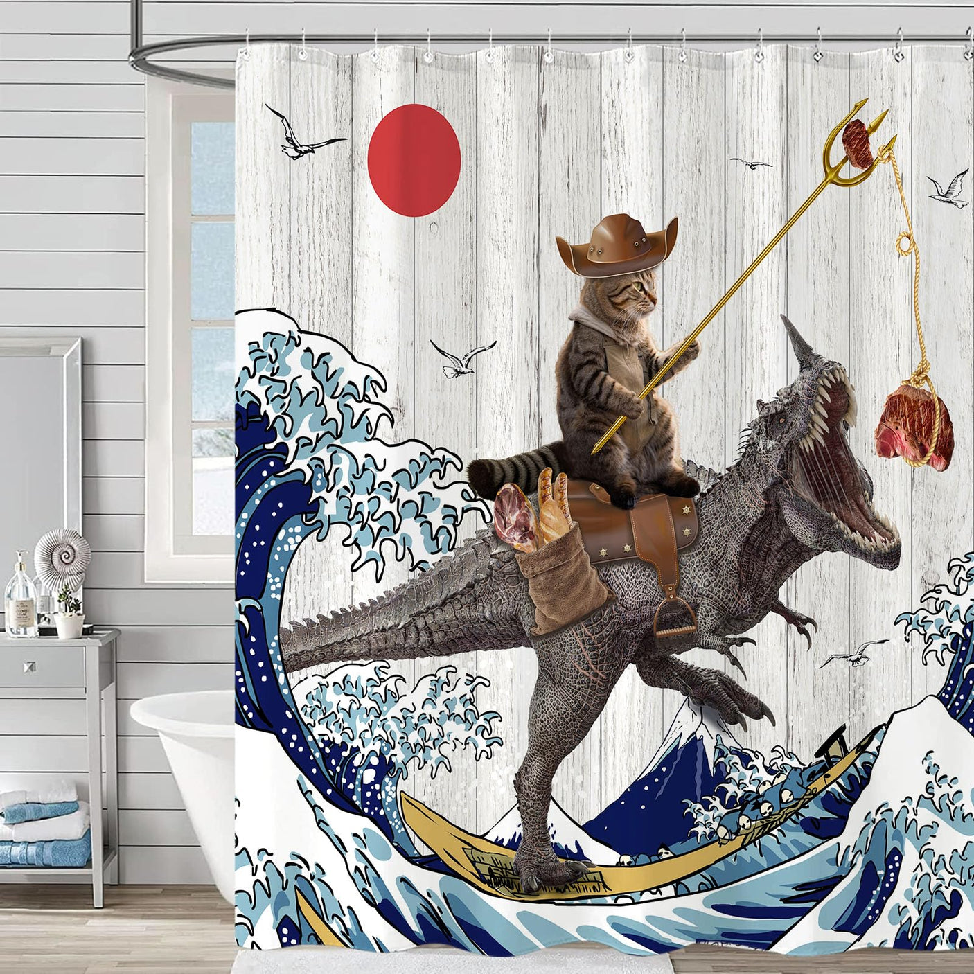 Fowocu Funny Cat Shower Curtain Set Teal Blue Sea Ocean Waterproof Fabric Shower Curtains with Animal Octopus Starfish Turtle Anchor Fish Nautical Bathroom Decor (Blue, 72''×72'')