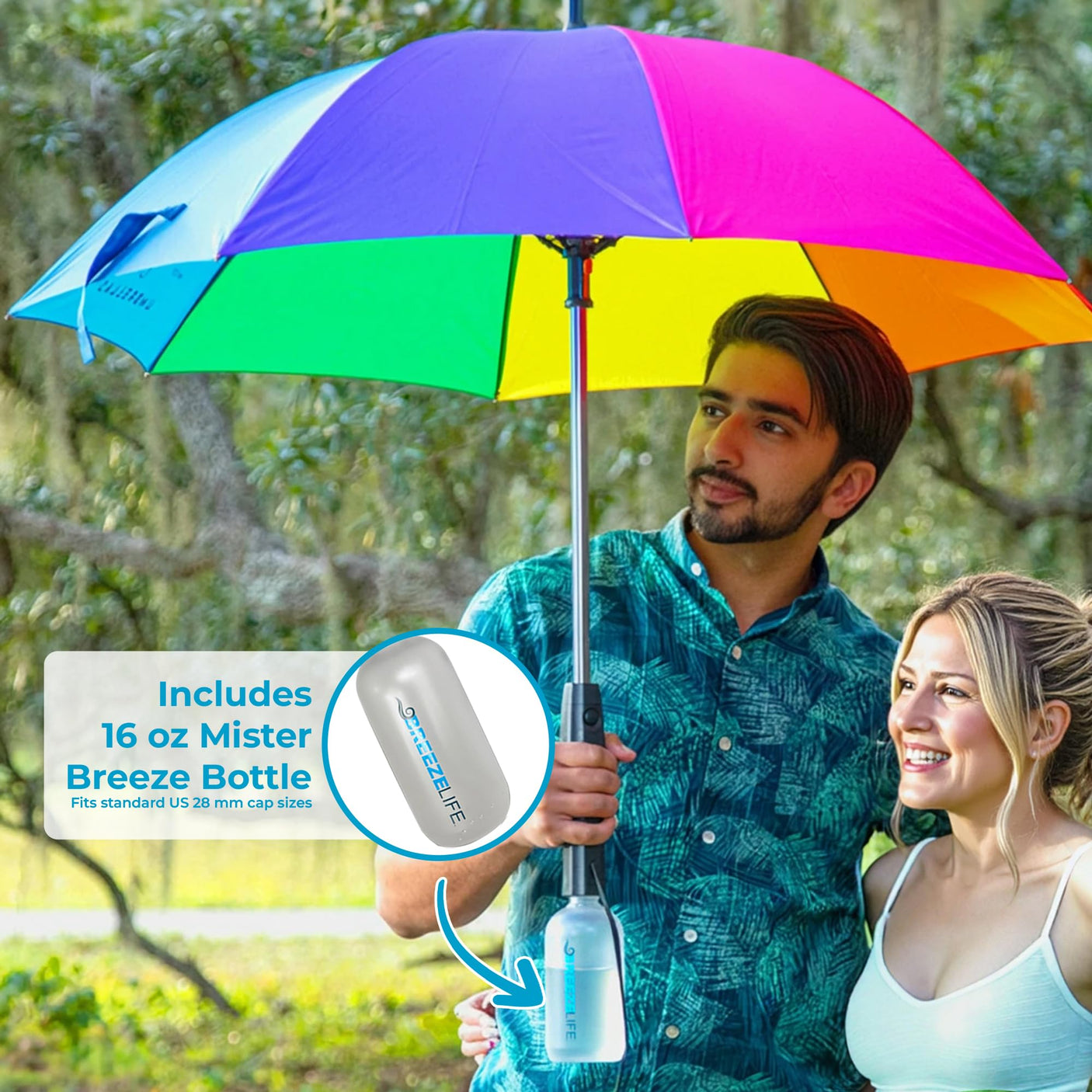 Original Mister Breeze, Sun Umbrella with Fan and Mister, Umbrella Mister with Built-in Fan for Festivals, Beach and More, Blocks Harmful Sun Rays, Mist bottle included, Silver