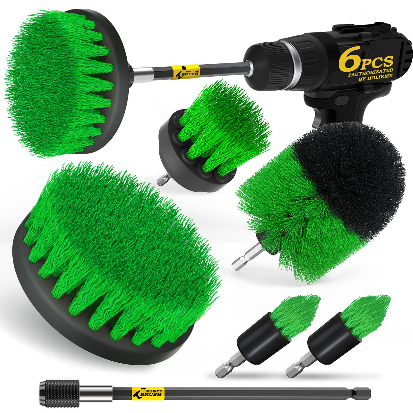 Holikme 6Pack Drill Brush Power Scrubber Cleaning Brush Extended Long Attachment Set All Purpose Drill Scrub Brushes Kit for Grout, Floor, Tub, Bathroom and Kitchen Surface,Scratch Brushes(Yellow)