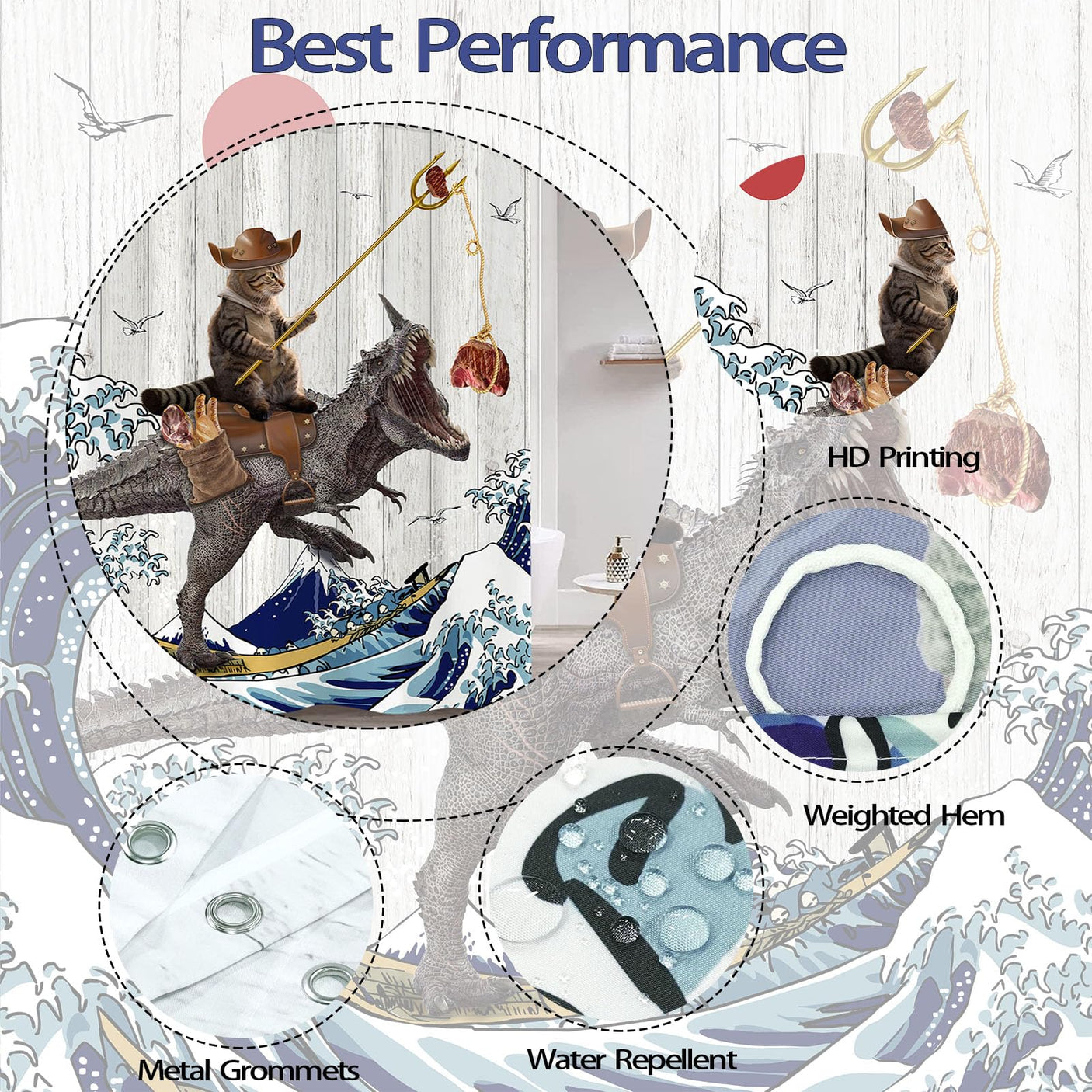 Fowocu Funny Cat Shower Curtain Set Teal Blue Sea Ocean Waterproof Fabric Shower Curtains with Animal Octopus Starfish Turtle Anchor Fish Nautical Bathroom Decor (Blue, 72''×72'')