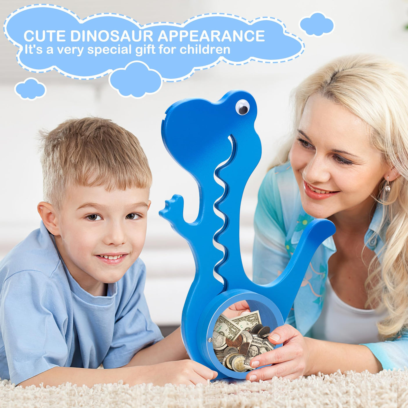 Wooden Dinosaur Piggy Bank Boalord for Boys Kids Girls Clear Big Belly Animal Coin Bank for Toddler Real Money Toy(Dino-Blue)