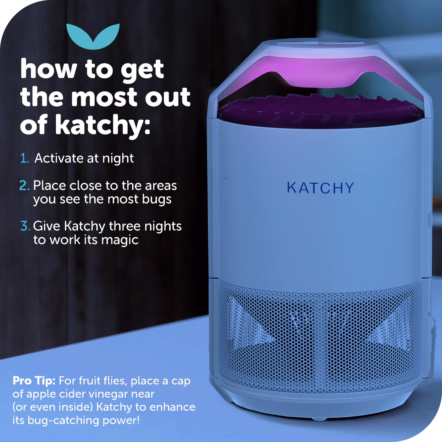 Katchy Indoor Insect Trap - Catcher & Killer for Mosquitos, Gnats, Moths, Fruit Flies - Non-Zapper Traps for Inside Your Home - Catch Insects Indoors with Suction, Bug Light & Sticky Glue (Black)