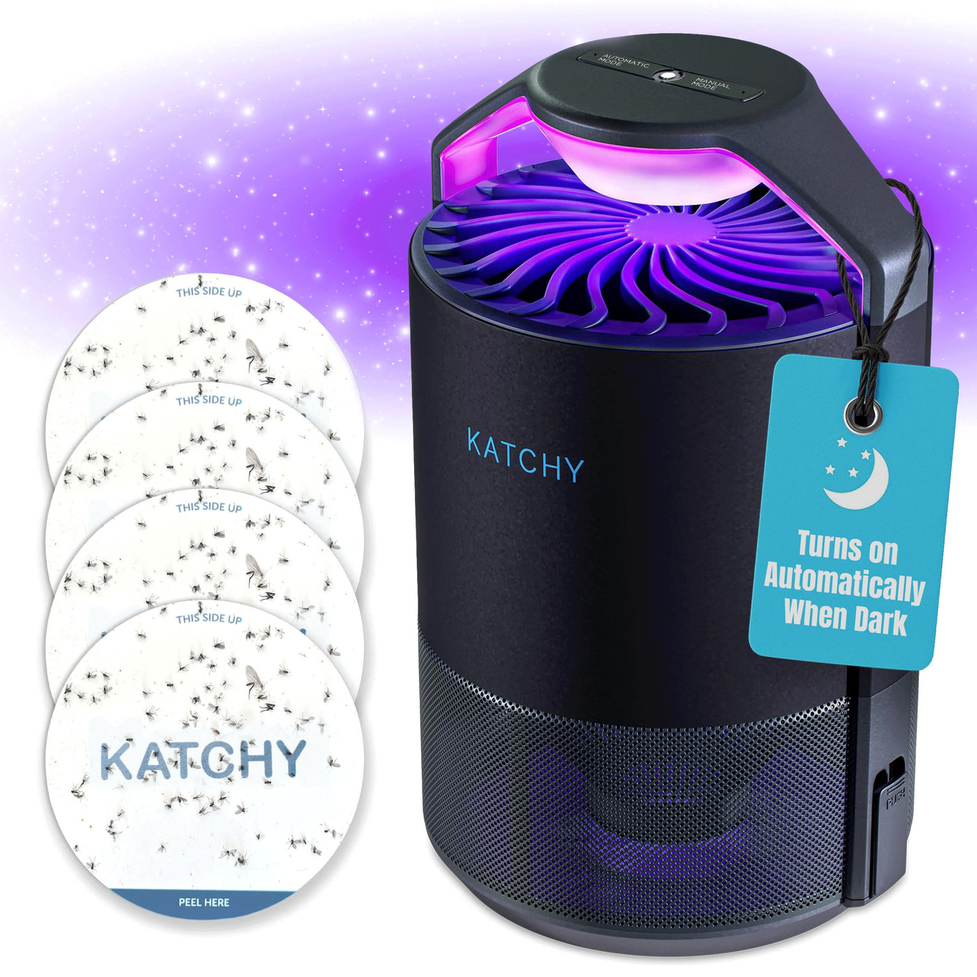 Katchy Indoor Insect Trap - Catcher & Killer for Mosquitos, Gnats, Moths, Fruit Flies - Non-Zapper Traps for Inside Your Home - Catch Insects Indoors with Suction, Bug Light & Sticky Glue (Black)