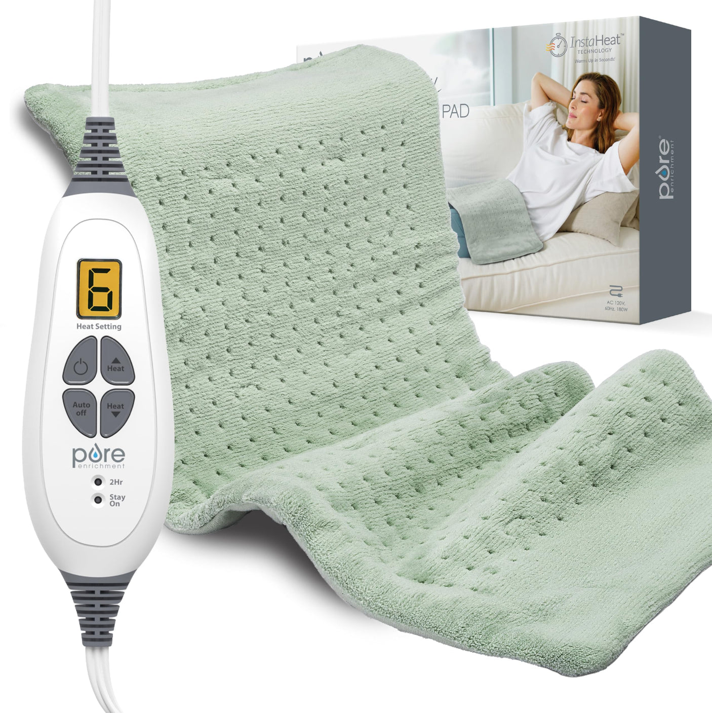 Pure Enrichment® PureRelief® XL Heating Pad - 12" x 24" Electric Heating Pad for Back Pain & Cramps, 6 Heat Settings, Soft Machine Wash Fabric, Auto-Off & Moist Heat (Charcoal Gray)