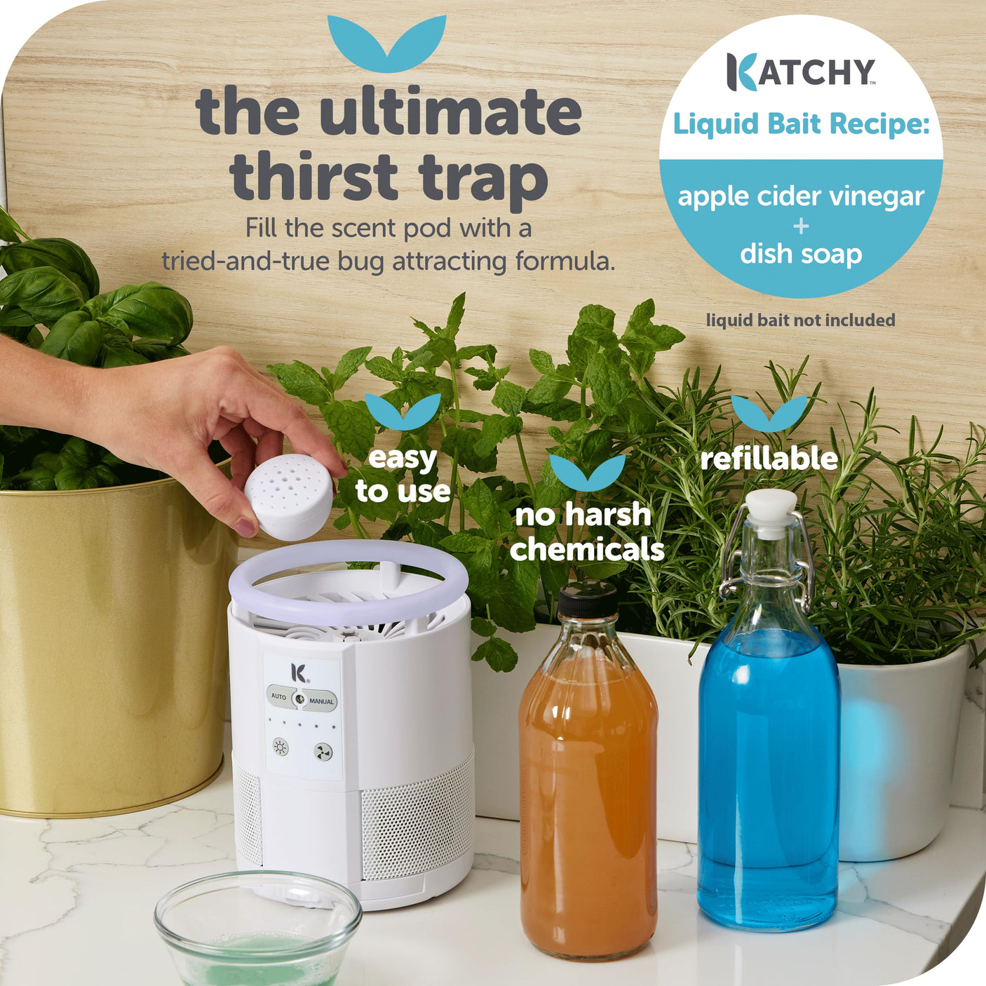 Katchy Indoor Insect Trap - Catcher & Killer for Mosquitos, Gnats, Moths, Fruit Flies - Non-Zapper Traps for Inside Your Home - Catch Insects Indoors with Suction, Bug Light & Sticky Glue (Black)
