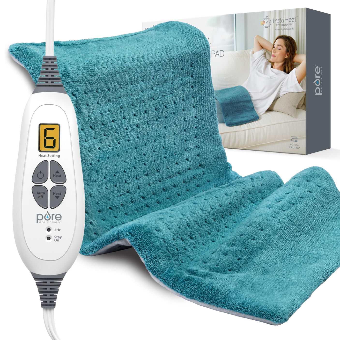 Pure Enrichment® PureRelief® XL Heating Pad - 12" x 24" Electric Heating Pad for Back Pain & Cramps, 6 Heat Settings, Soft Machine Wash Fabric, Auto-Off & Moist Heat (Charcoal Gray)