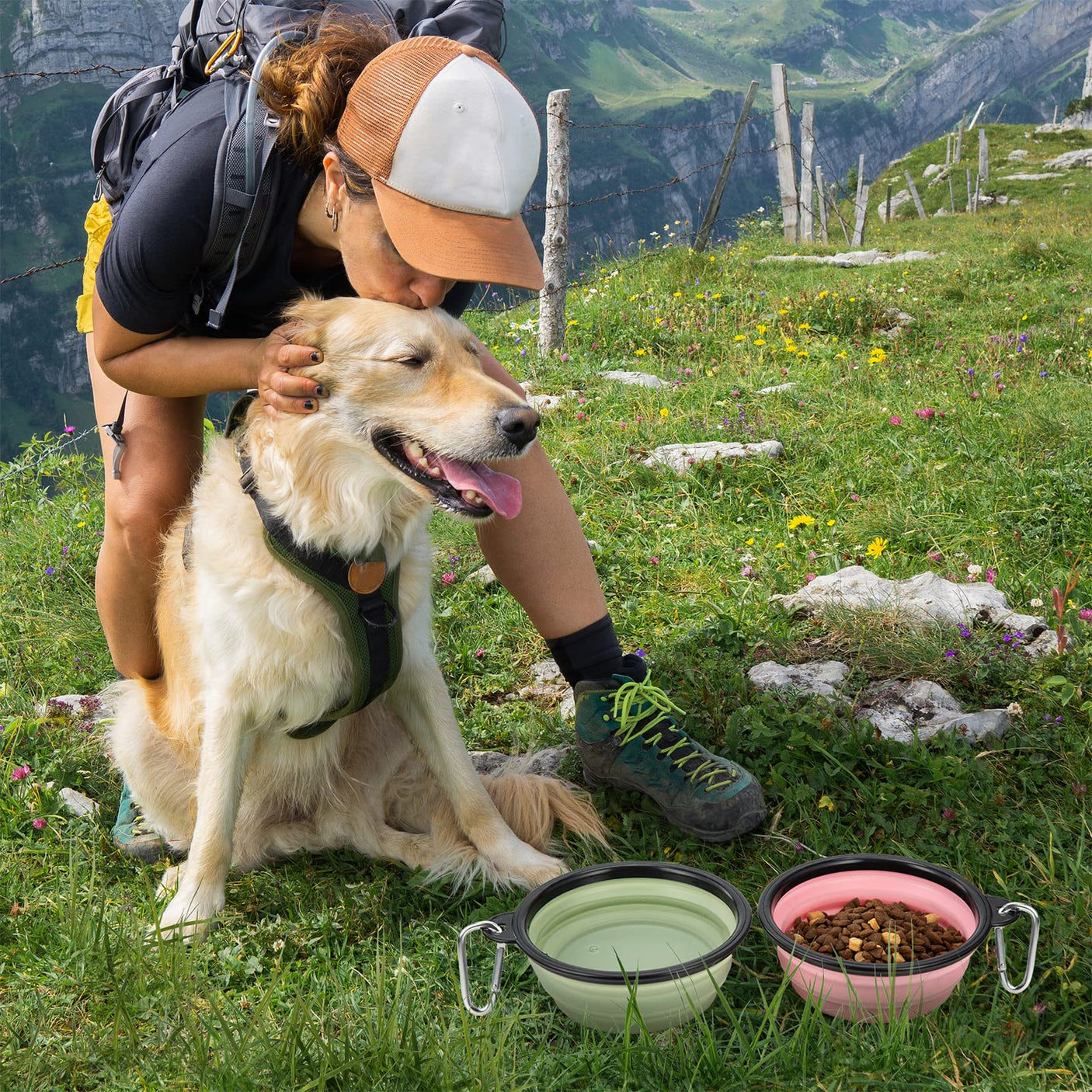 Dog Bowl Pet Collapsible Bowls, 2 Pack for Cats Dogs, Portable Pet Feeding Watering Dish for Walking Parking Traveling with 2 Carabiners (Small, Blue+Green)