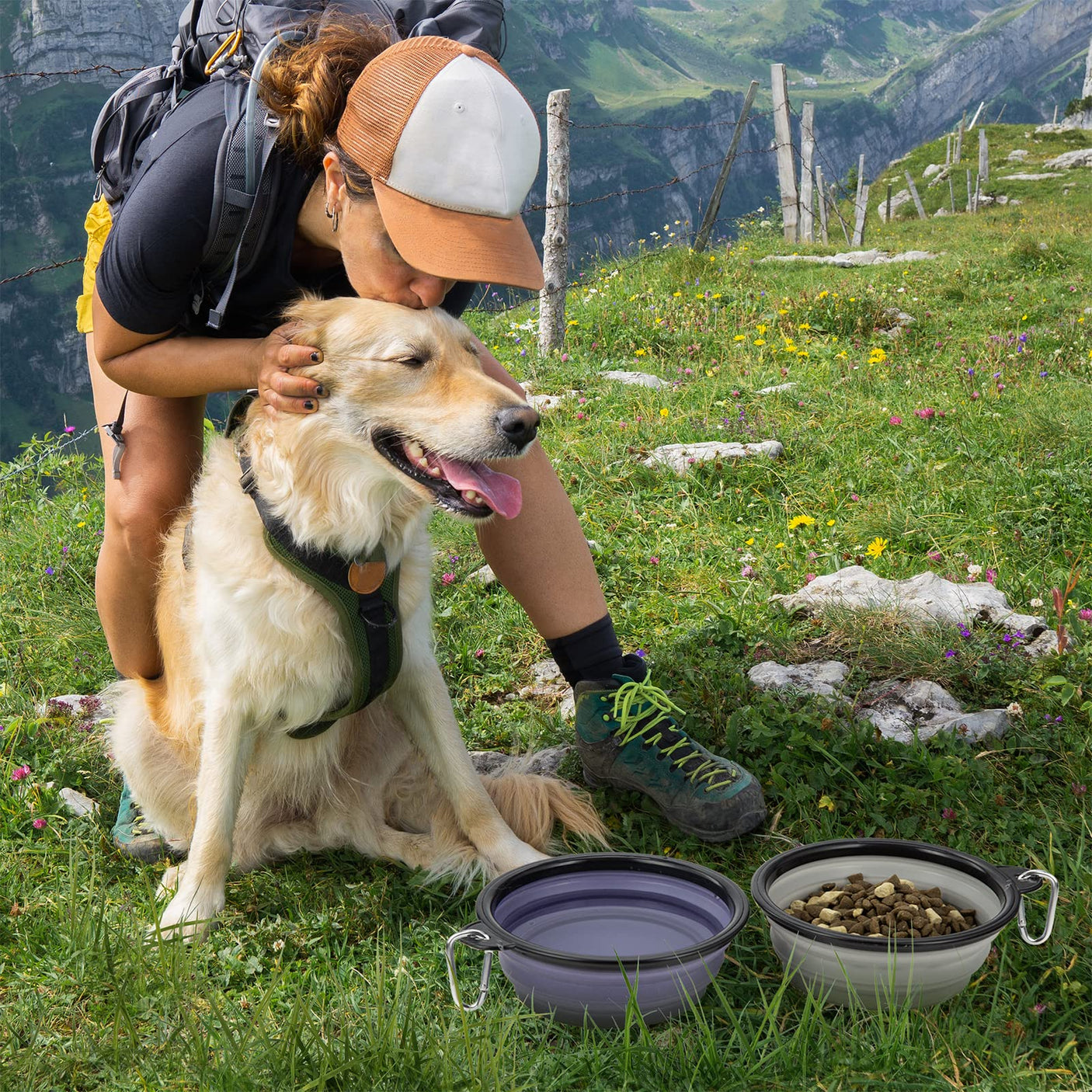 Dog Bowl Pet Collapsible Bowls, 2 Pack for Cats Dogs, Portable Pet Feeding Watering Dish for Walking Parking Traveling with 2 Carabiners (Small, Blue+Green)