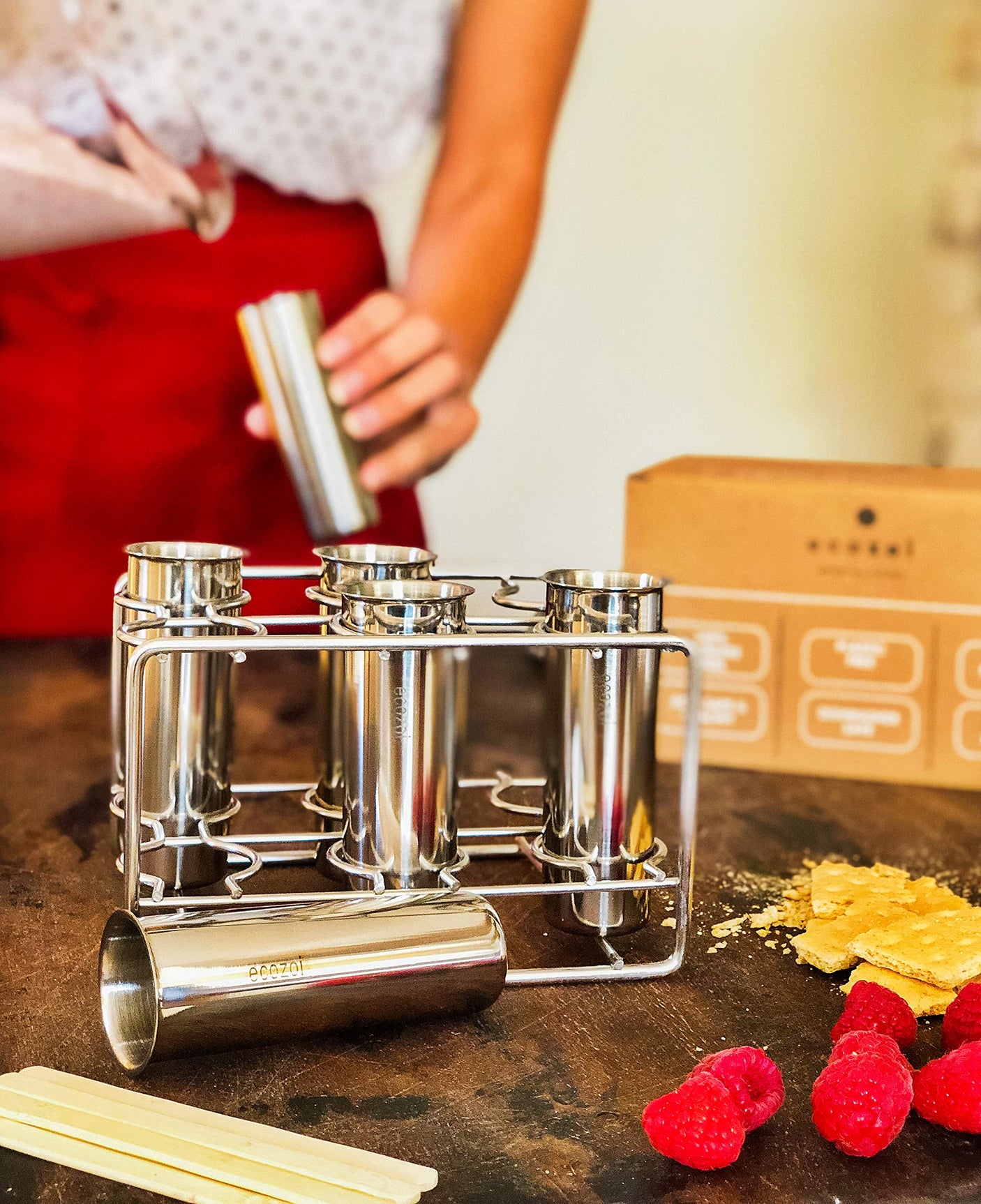 Stainless Steel Popsicle Molds and Rack - 10 Square Ice Pop Makers + 50 Reusable Bamboo Sticks + 20 Silicone Seals + 1 Cleaning Brush + 1 Rack