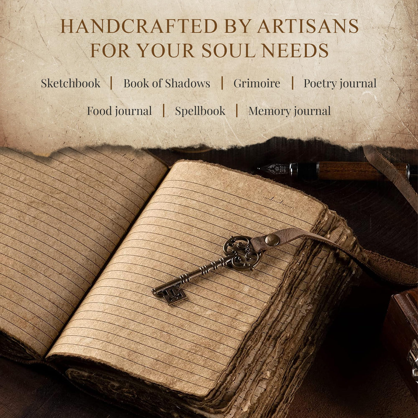 Vintage Leather Journal Lined Pages with Key - Antique Handmade Deckle Edge Vintage Paper Leather Bound Journal - Book of Shadows Journal - Leather Sketchbook - Drawing Journal - Great Gift