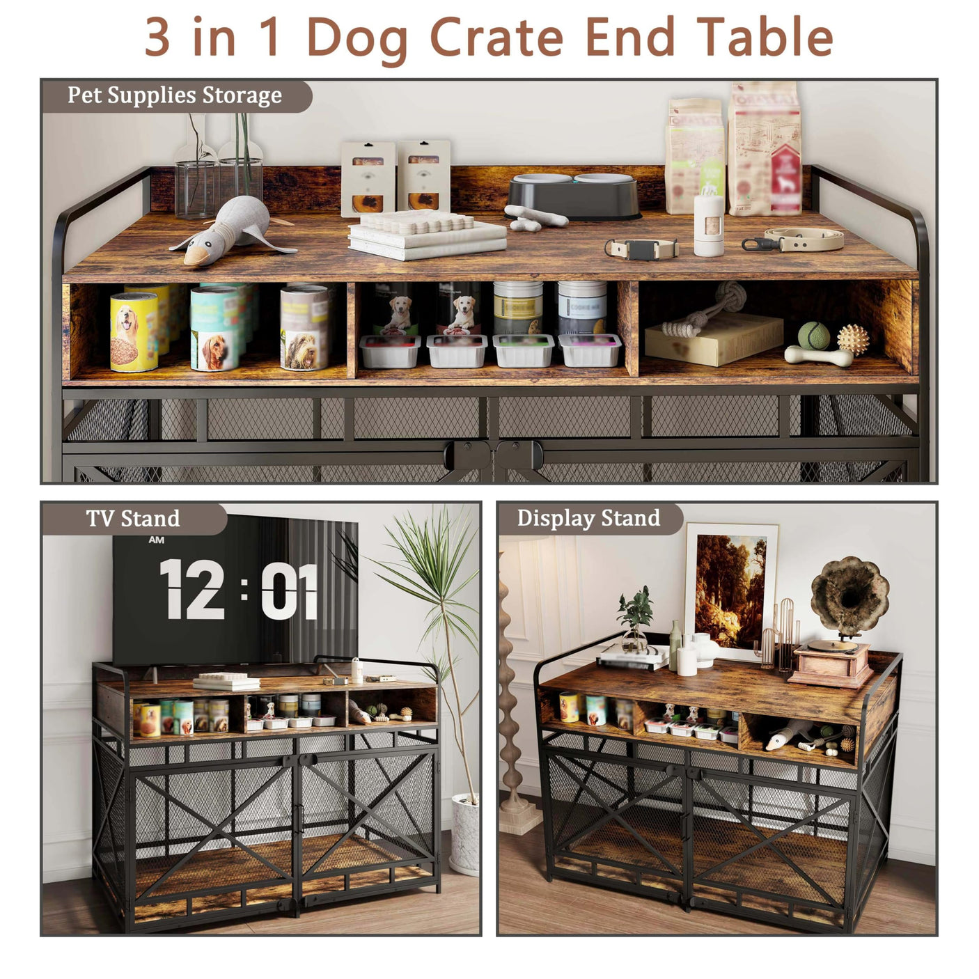 Dog Crate Furniture, 43 Inch Large Dog Kennel End Table with 3 Drawers, Heavy Duty Dog Crate for Large Dogs, Wooden Decorative XL Dog Cage Indoor 43.3" L x 27.6" W x 35.7" H (Rustic Brown)