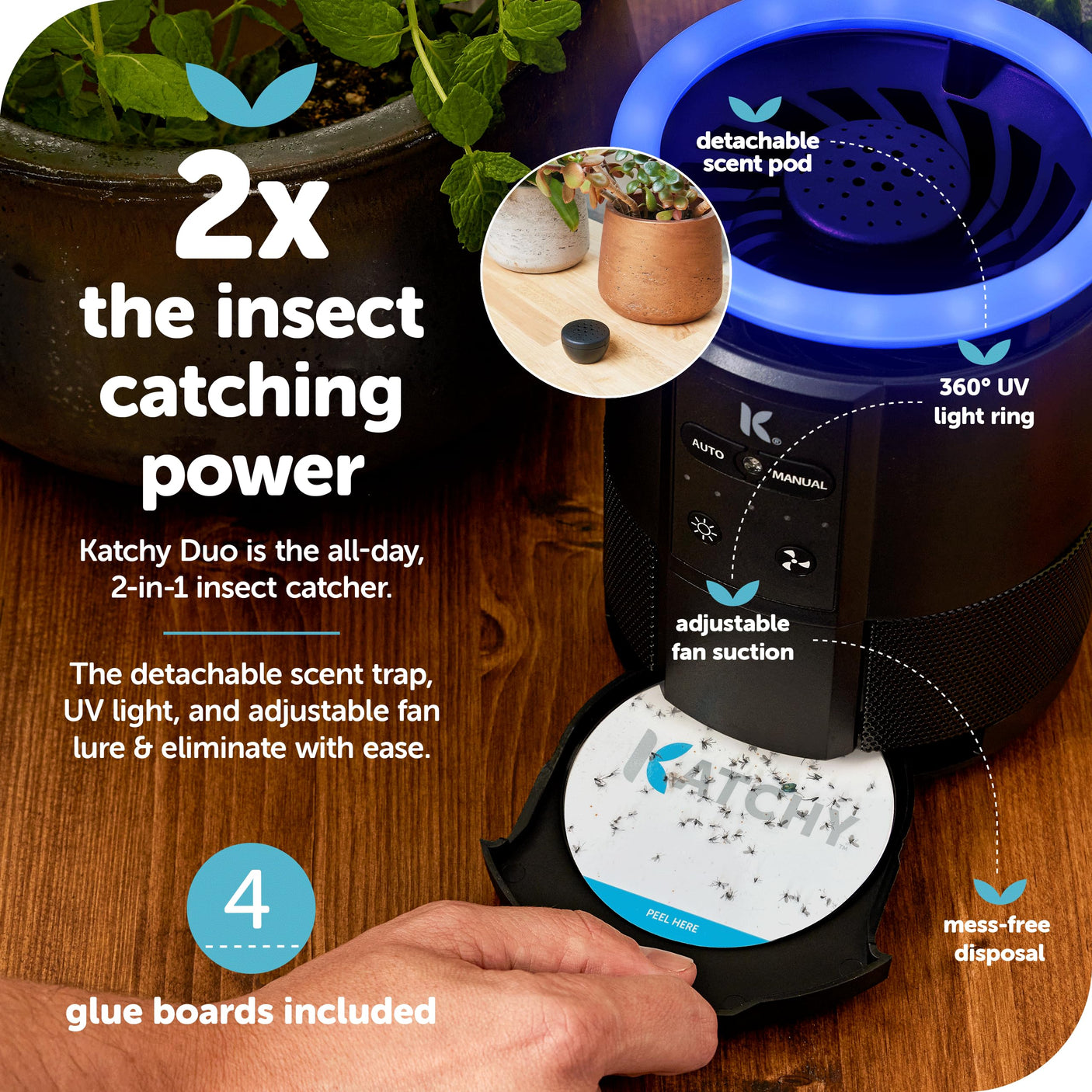 Katchy Indoor Insect Trap - Catcher & Killer for Mosquitos, Gnats, Moths, Fruit Flies - Non-Zapper Traps for Inside Your Home - Catch Insects Indoors with Suction, Bug Light & Sticky Glue (Black)