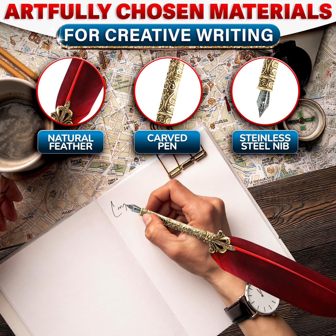 Lagarto Secure Counter Pens - 11.4" Stainless Steel Red Antique Feather Quill Pen and Ink Set with Nib for Calligraphy Practice, Drawing & Signatures - Security Pens for Beginners and Enthusiast