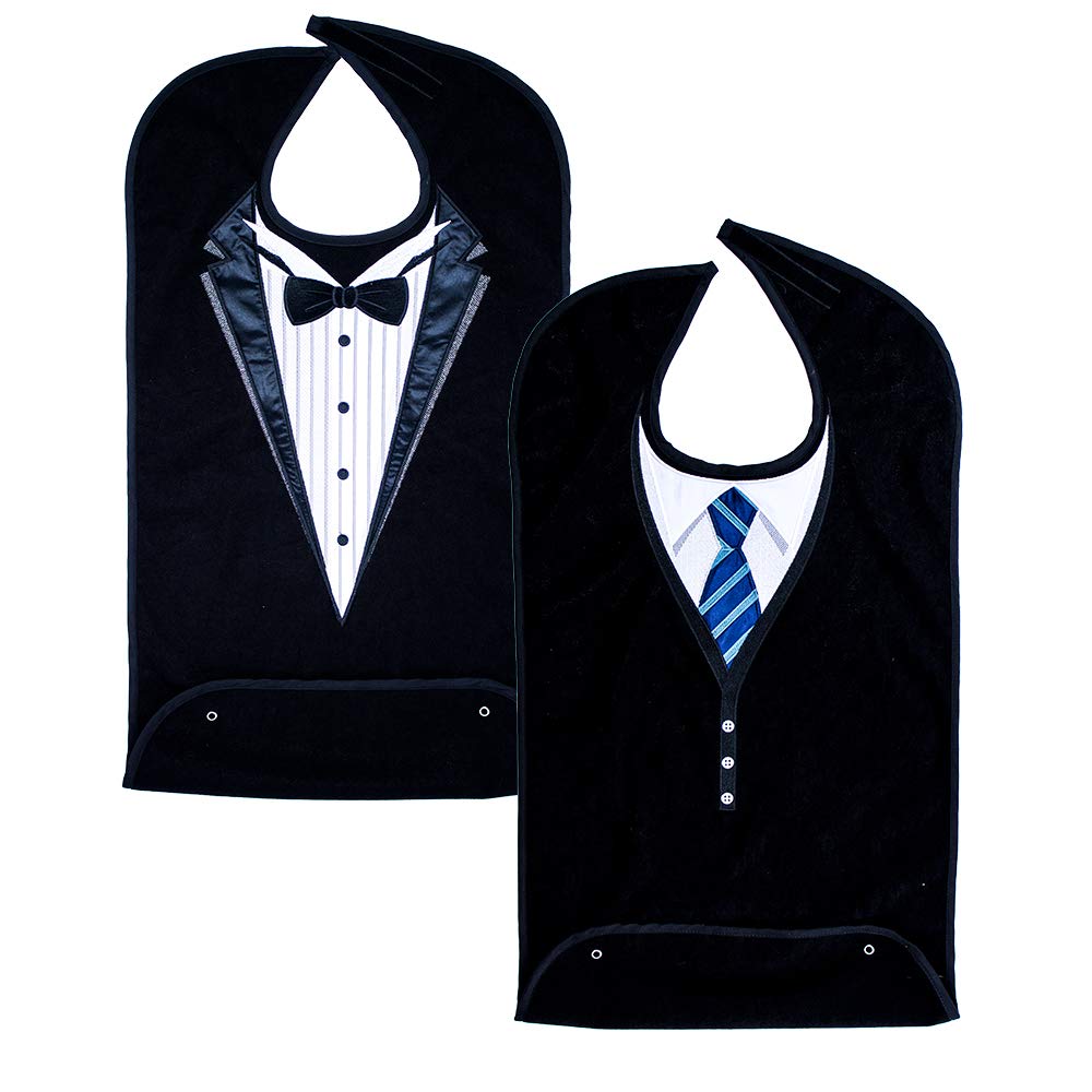 Adult Bibs for Men, Dress ‘n Dine™ Clothing Protectors for Eating, Senior Adult Bib Terry Cloth Crumb Catcher, Embroidered Design, Waterproof, Reusable, Washable (Blue Tie + Tuxedo) - Build Your Ideas