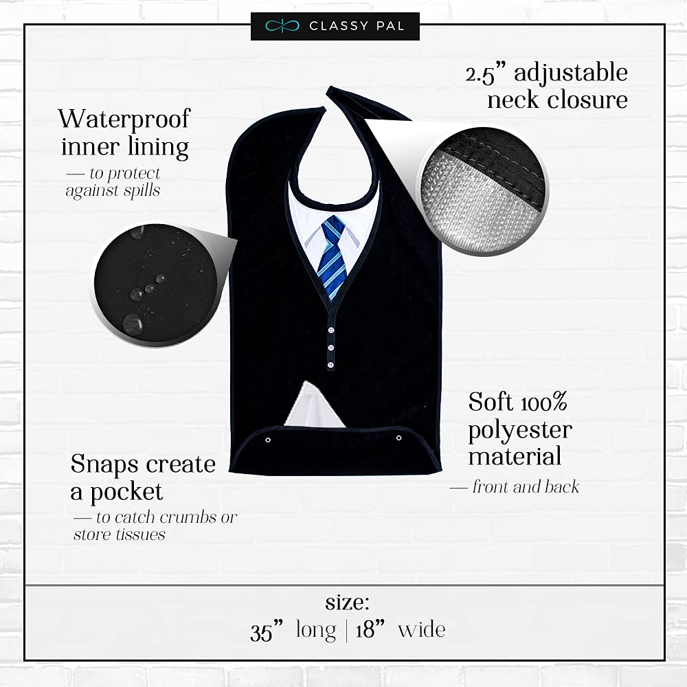 Adult Bibs for Men, Dress ‘n Dine™ Clothing Protectors for Eating, Senior Adult Bib Terry Cloth Crumb Catcher, Embroidered Design, Waterproof, Reusable, Washable (Blue Tie + Tuxedo) - Build Your Ideas