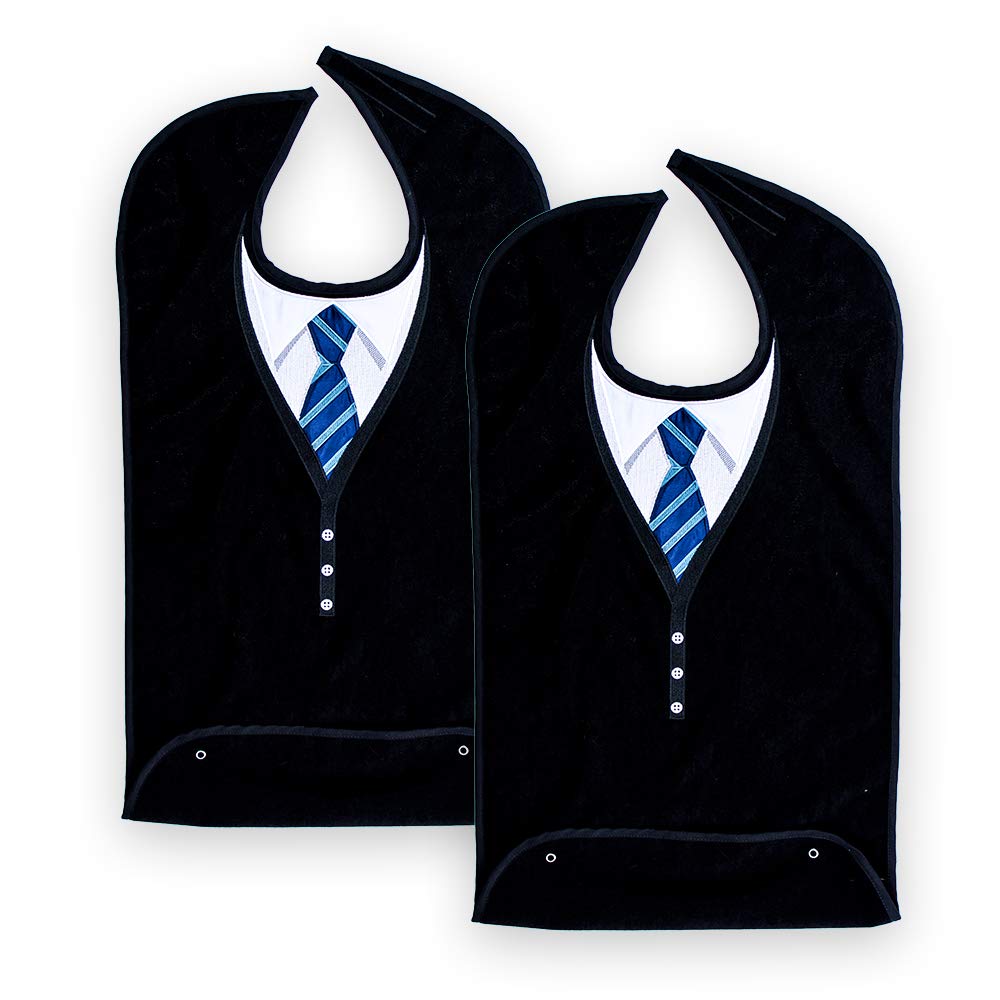 Adult Bibs for Men, Dress ‘n Dine™ Clothing Protectors for Eating, Senior Adult Bib Terry Cloth Crumb Catcher, Embroidered Design, Waterproof, Reusable, Washable (Blue Tie + Tuxedo) - Build Your Ideas