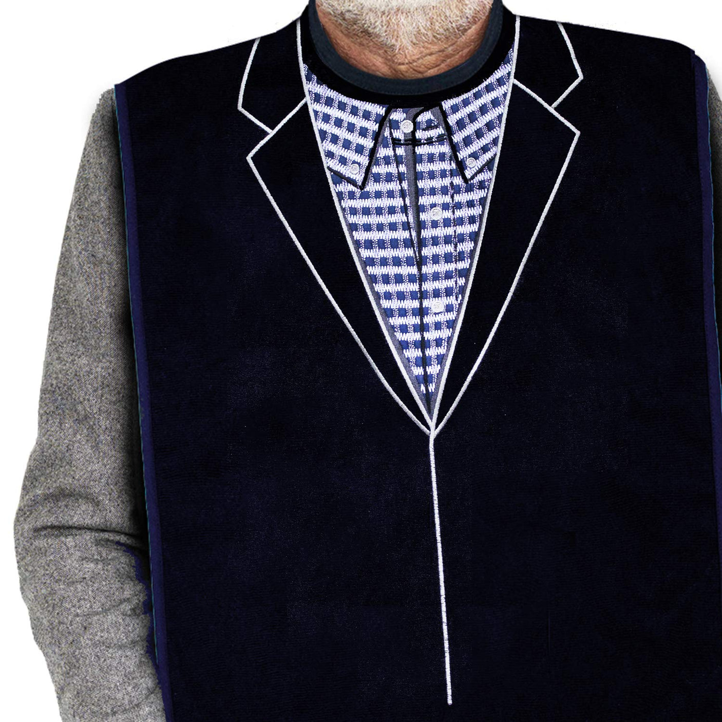 Adult Bibs for Men, Dress ‘n Dine™ Clothing Protectors for Eating, Senior Adult Bib Terry Cloth Crumb Catcher, Embroidered Design, Waterproof, Reusable, Washable (Blue Tie + Tuxedo) - Build Your Ideas