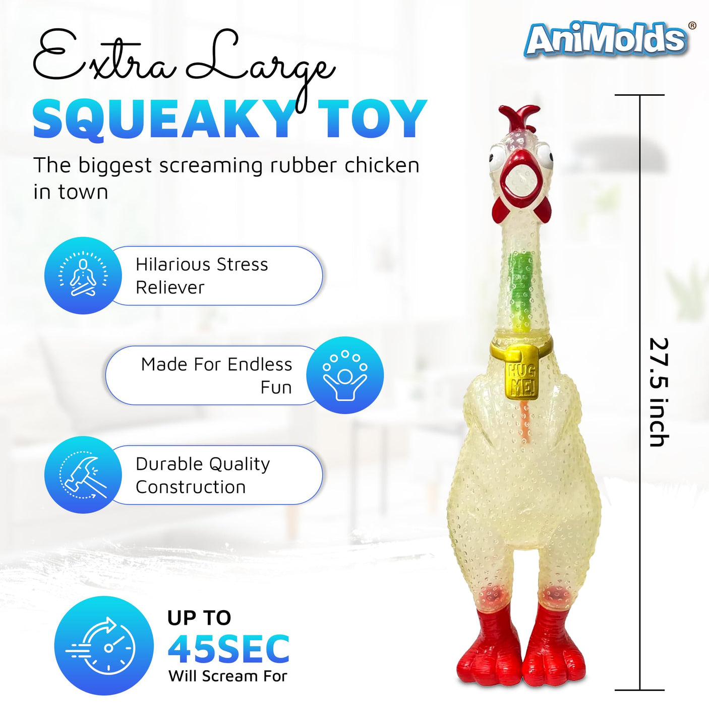 Animolds Hug Me Giant Rubber Chicken - Huge Stress Relief Screaming Chicken Toy | Screams Up to 45 Seconds - Novelty Gag and Prank Toys | Funny Toys Gifts for Christmas Stocking Stuffers for Kids Adult - Build Your Ideas