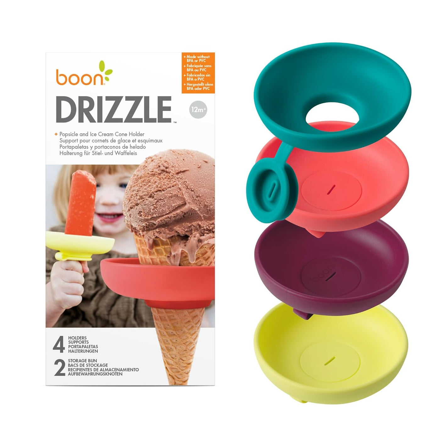 Boon Drizzle Popsicle Holders for Kids - Includes 2 On - the - Go Travel Cases - Catches Drips Before They Drop - Frozen Popsicle and Ice Cream Holder for Summer Days and Birthday Popsicle Party - 4 Count - Build Your Ideas