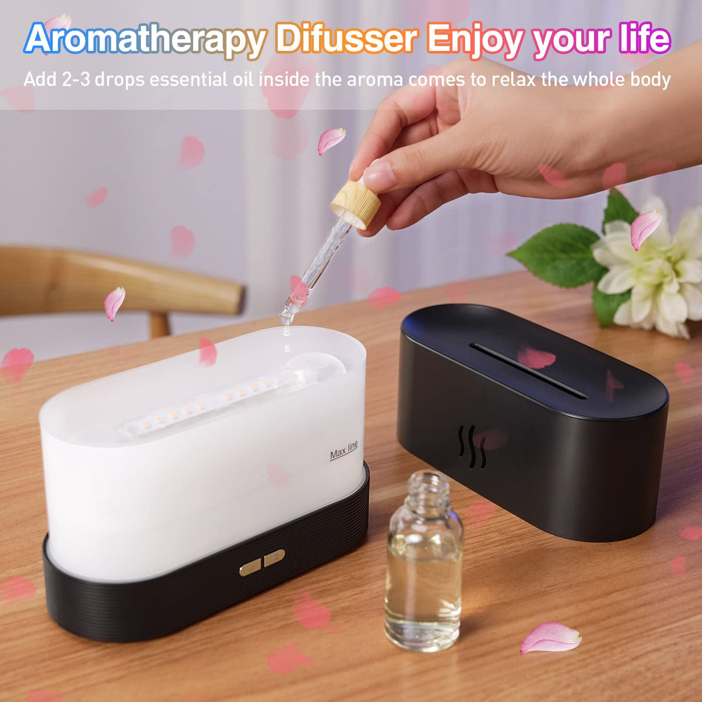 Colorful Flame Air Aroma Diffuser Humidifier, Upgraded 7 Flame Colors Noiseless Essential Oil Diffuser for Home,Office,Yoga with Auto - Off Protection 180mL (8Hours Black) - Build Your Ideas