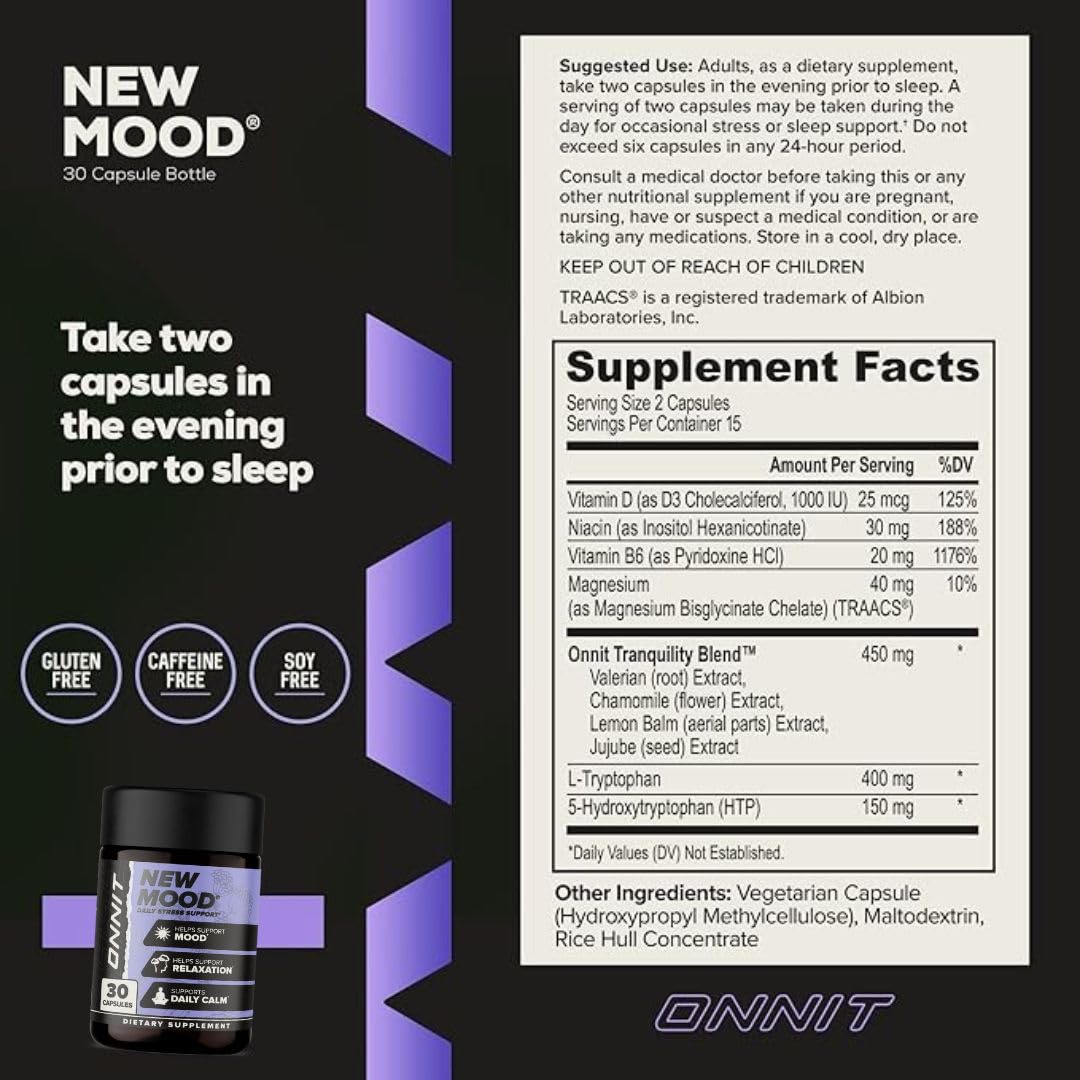 ONNIT New Mood Daily Stress Support Capsules, Sleep and Mood Support Supplement for Men and Women, Daily Stress Management Capsules, 30 Count - Build Your Ideas
