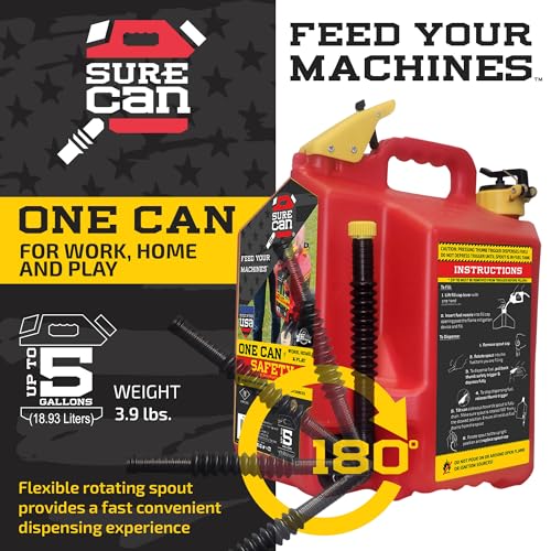 Surecan 5 Gallon Container Type II - Rotating Spout, Self - Venting, & Spill Free, Ideal Large Five Gallon Safety Storage Can (Red, SUR5SFG2) - Build Your Ideas