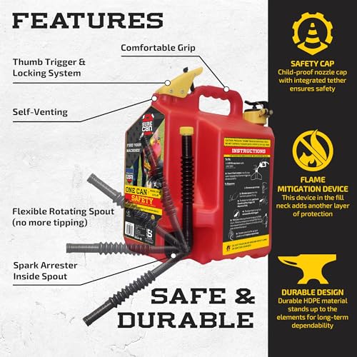 Surecan 5 Gallon Container Type II - Rotating Spout, Self - Venting, & Spill Free, Ideal Large Five Gallon Safety Storage Can (Red, SUR5SFG2) - Build Your Ideas