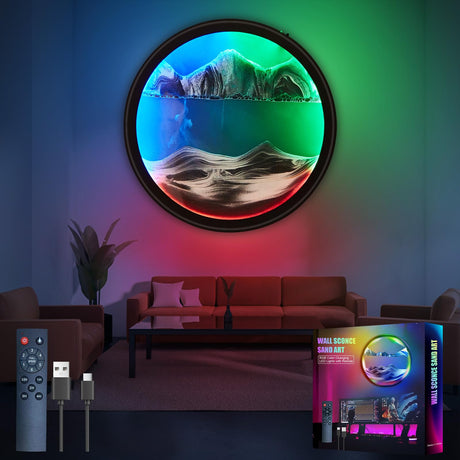 17.6'' Moving Sand Art Liquid Motion Picture Rechargeable Battery Operated Wall Sconce 360° Rotate Color Changing Lamp Led Wall Art Sand Relaxing Craft For Bedroom Living Room Office Wall Decor - Build Your Ideas