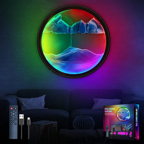 17.6'' Moving Sand Art Liquid Motion Picture Rechargeable Battery Operated Wall Sconce 360° Rotate Color Changing Lamp Led Wall Art Sand Relaxing Craft For Bedroom Living Room Office Wall Decor - Build Your Ideas