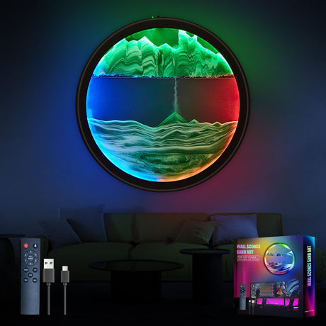 17.6'' Moving Sand Art Liquid Motion Picture Rechargeable Battery Operated Wall Sconce 360° Rotate Color Changing Lamp Led Wall Art Sand Relaxing Craft For Bedroom Living Room Office Wall Decor - Build Your Ideas